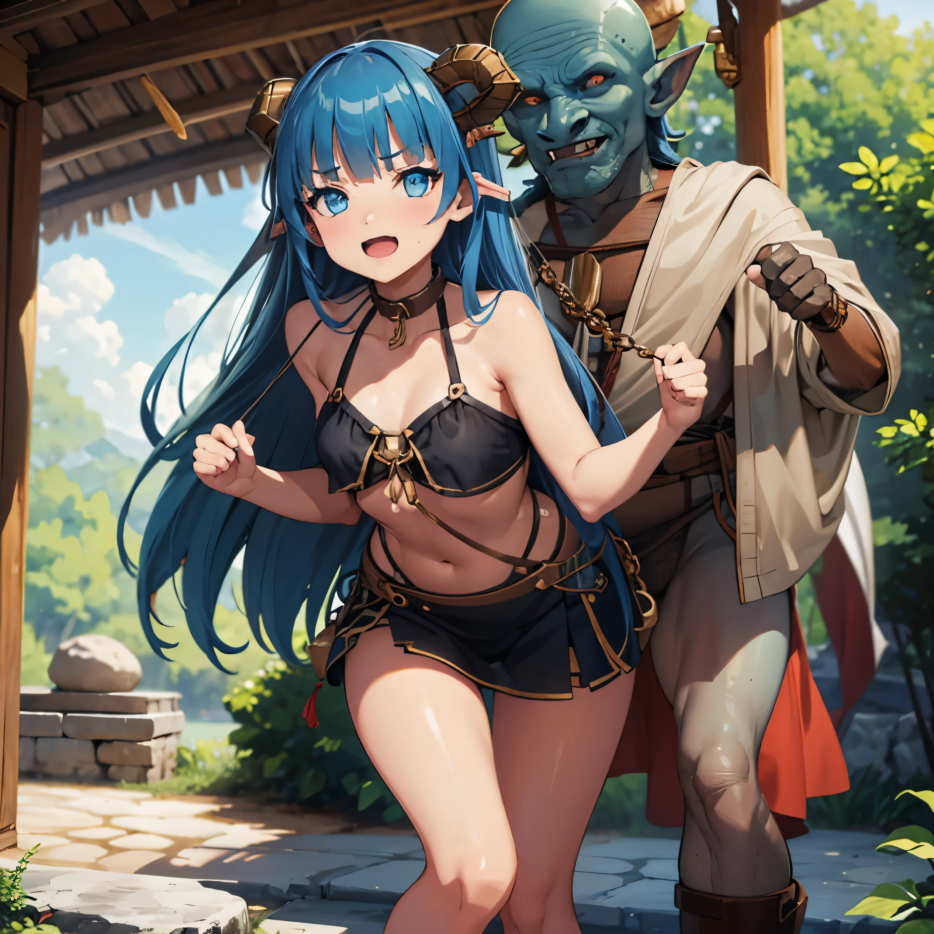 masterpiece, goblinriding, a goblin is riding a girl, goblin, (crawl on all fours), 1 girl, (greek clothing:1.1), (Nose hook), reins, collar, Lock, rope, Safir Martha, blue hair, long hair, blue eyes, little beast, dull bangs, horn, empty eyes, empty eyes, follow, Mind control