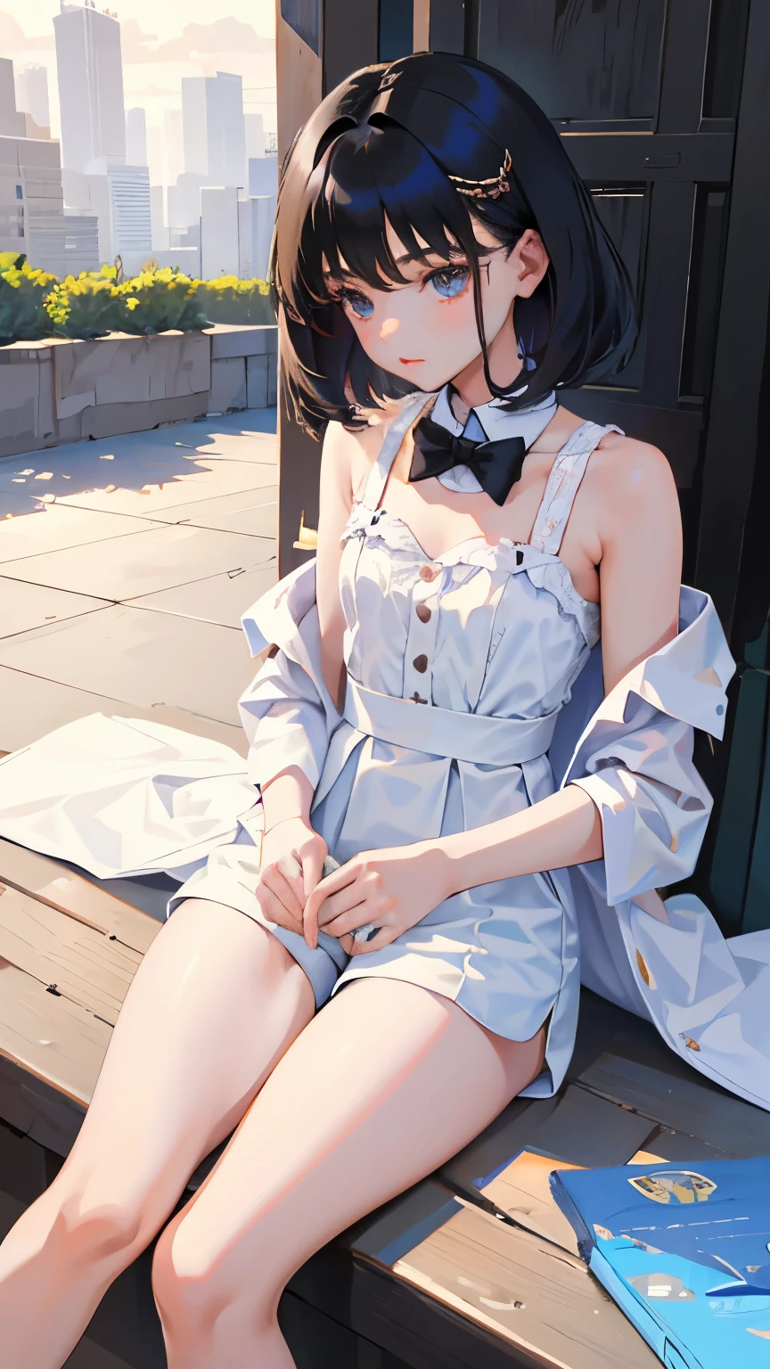 (short cute girl,small young student,young delicate girl),(masterpiece,Top quality),Dogi,shorts,black hair