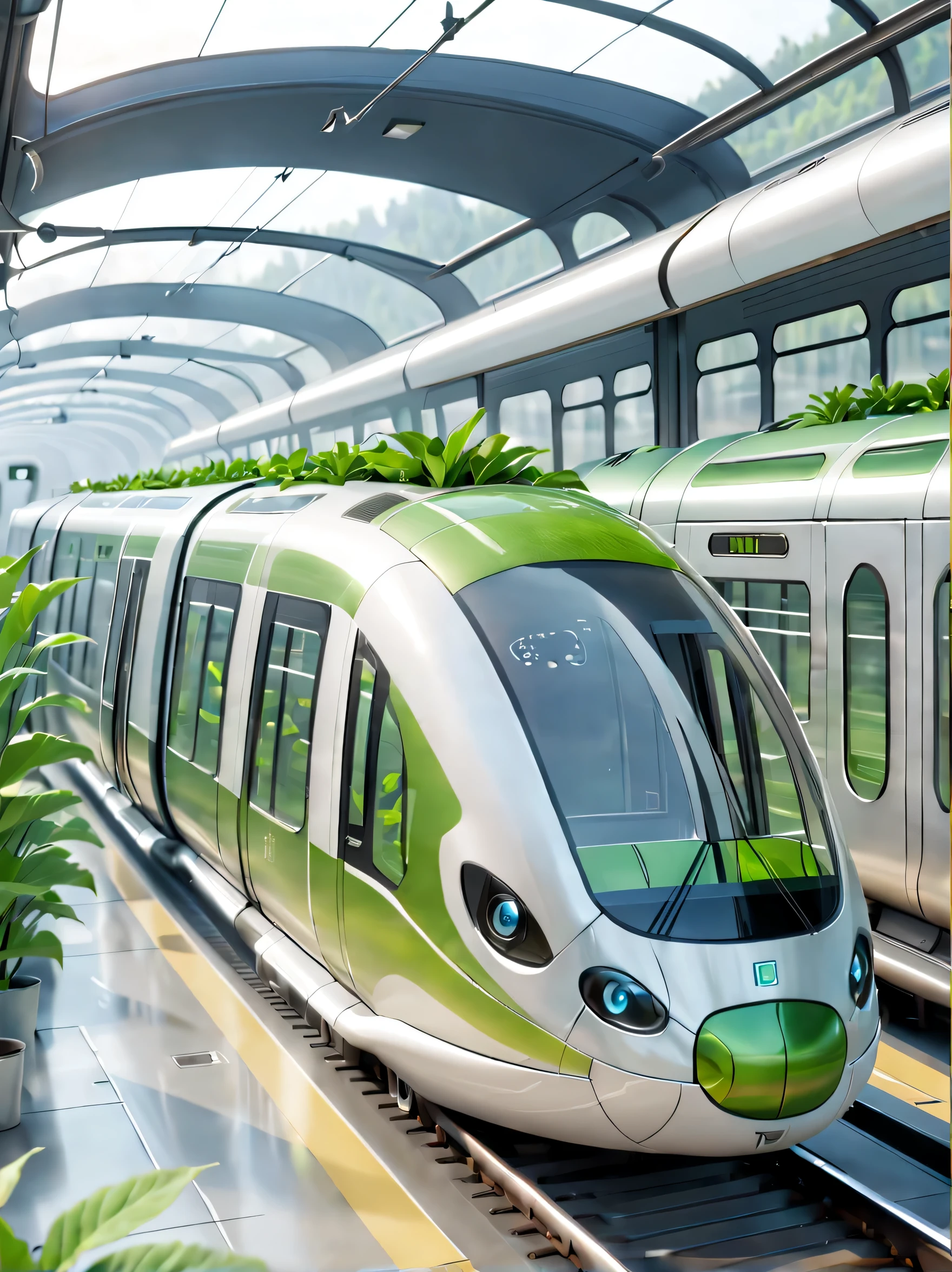 alien train station,train base,Inside the cute transparent train,glass train,Little aliens line up,Very cute,(best quality,4k,8k,high-rise building,masterpiece:1.2),super detailed,(lifelike,Photos are real,Photos are real:1.37),Spacious,logo,Cute little transparent alien,transparent train,train full of plants,upscale,luxurious,Clean,neat,modern architecture,large windows,plenty of natural light,shiny floors,Spacious的站台