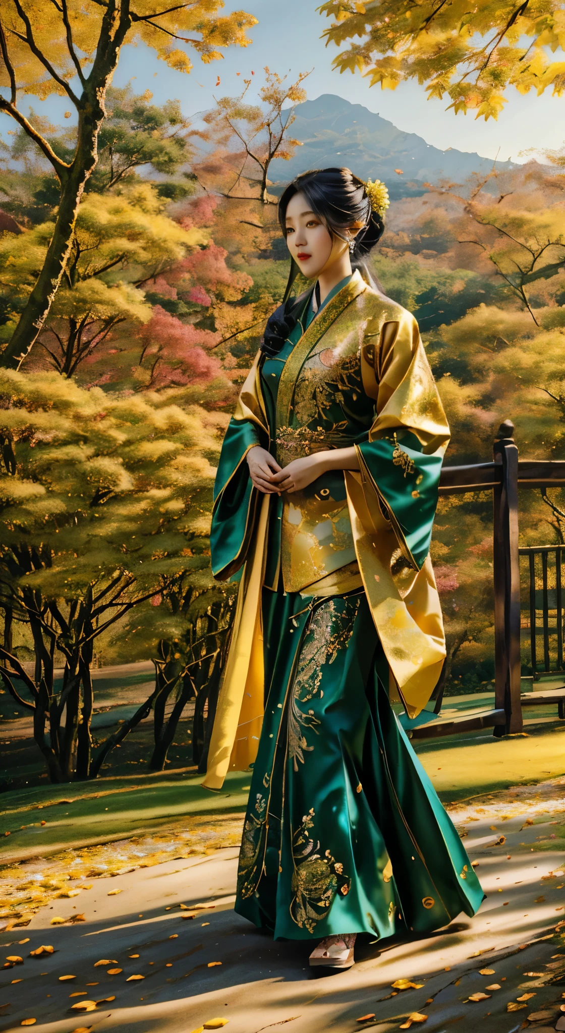 A beautiful taiwanese actrees of Bailu, walking in elegance, wearing beautiful emboidery hanfu in green and golden colors, a beautiful autumn park in the background, wind blows her hair, realistic picture, ultra realistic photography, high quality, intricated detailed, uhd res