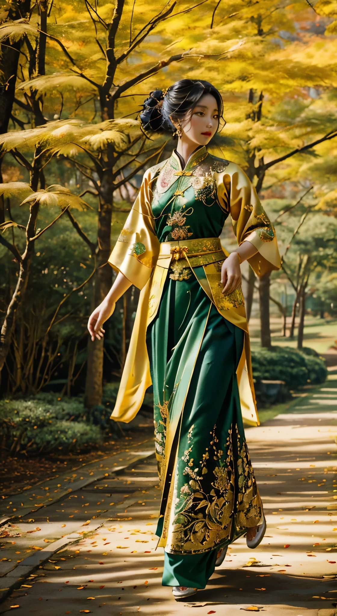 A beautiful taiwanese actrees of Bailu, walking in elegance, wearing beautiful emboidery hanfu in green and golden colors, a beautiful autumn park in the background, wind blows her hair, realistic picture, ultra realistic photography, high quality, intricated detailed, uhd res