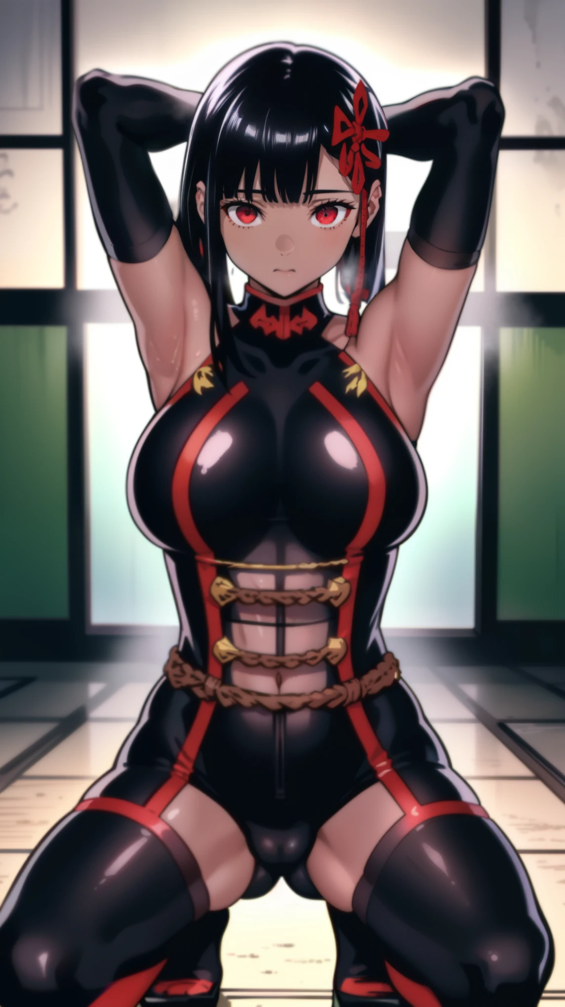 1 female, NSFW,(dark skin), Ren Yamashiro,(Demon City Spirit Soldier Slave), yamashiro768, clavicle, glowing red eyes,absurd, brainwashing,empty eyes, empty eyes, huge breasts,erasure of emotions, No expression,(black latex tight bodysuit),avert your eyes , 全身shape, ((squat,spread your legs, arm behind head)),(highest quality、4k、8k、High resolution、must have:1.2)、Super detailed、(reality、reality的なです、reality的な:1.37)、ticker、hyper hd、studio lighting、ultra definition paint、sharp focus、Physically based rendering、extreme details、Professional specifications、vibrancy and color、blurry、sports portrait、landscape、horror style、anime big breasts、SF、photograph、concept artist、five fingers, perfect body,  {{{masterpiece}}}, {{{highest quality}}}, {{Super detailed}}, {shape}, {{very delicate and beautiful}},Improved cost performance、all roles、Canon 5D MK4でphotograph、photograph, 