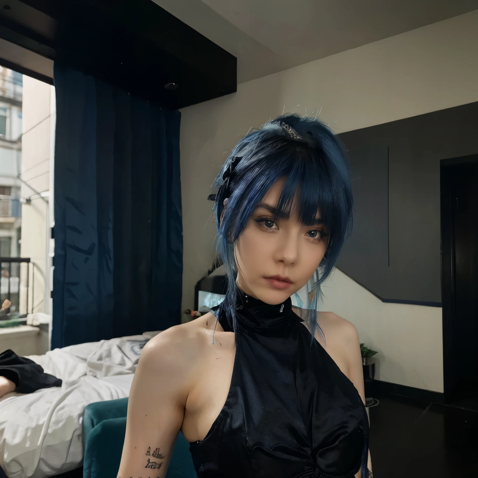 back vision, blue hair, ahegao,rosto sexy, inocent, uma garota sexy gamer, e-girl, se masturbando