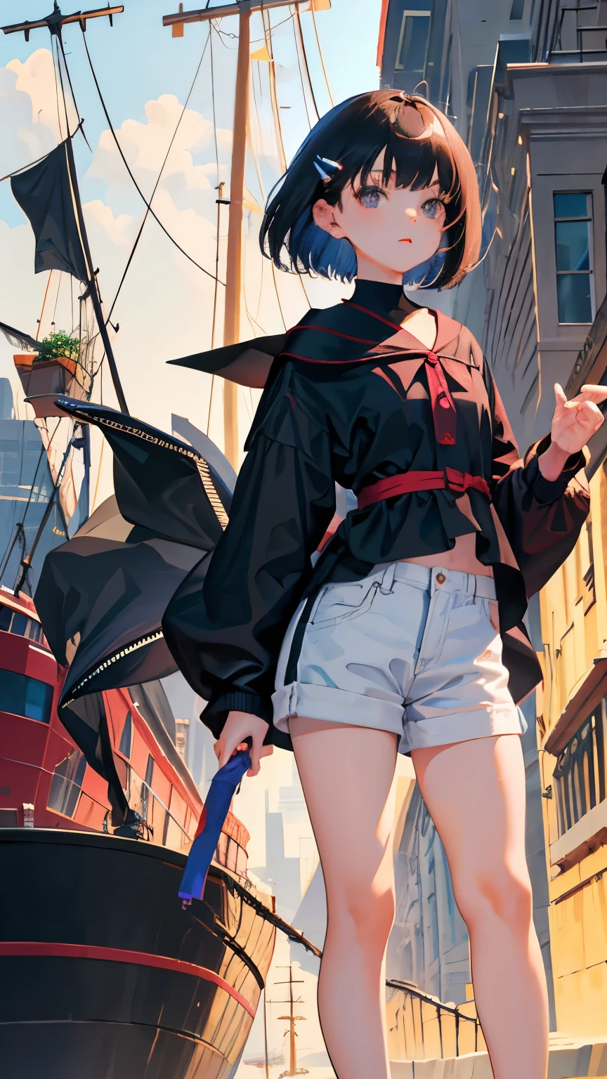 (short cute girl, young studeg delicate girl),(masterpiece,Top quality),Boat,shorts,black hair