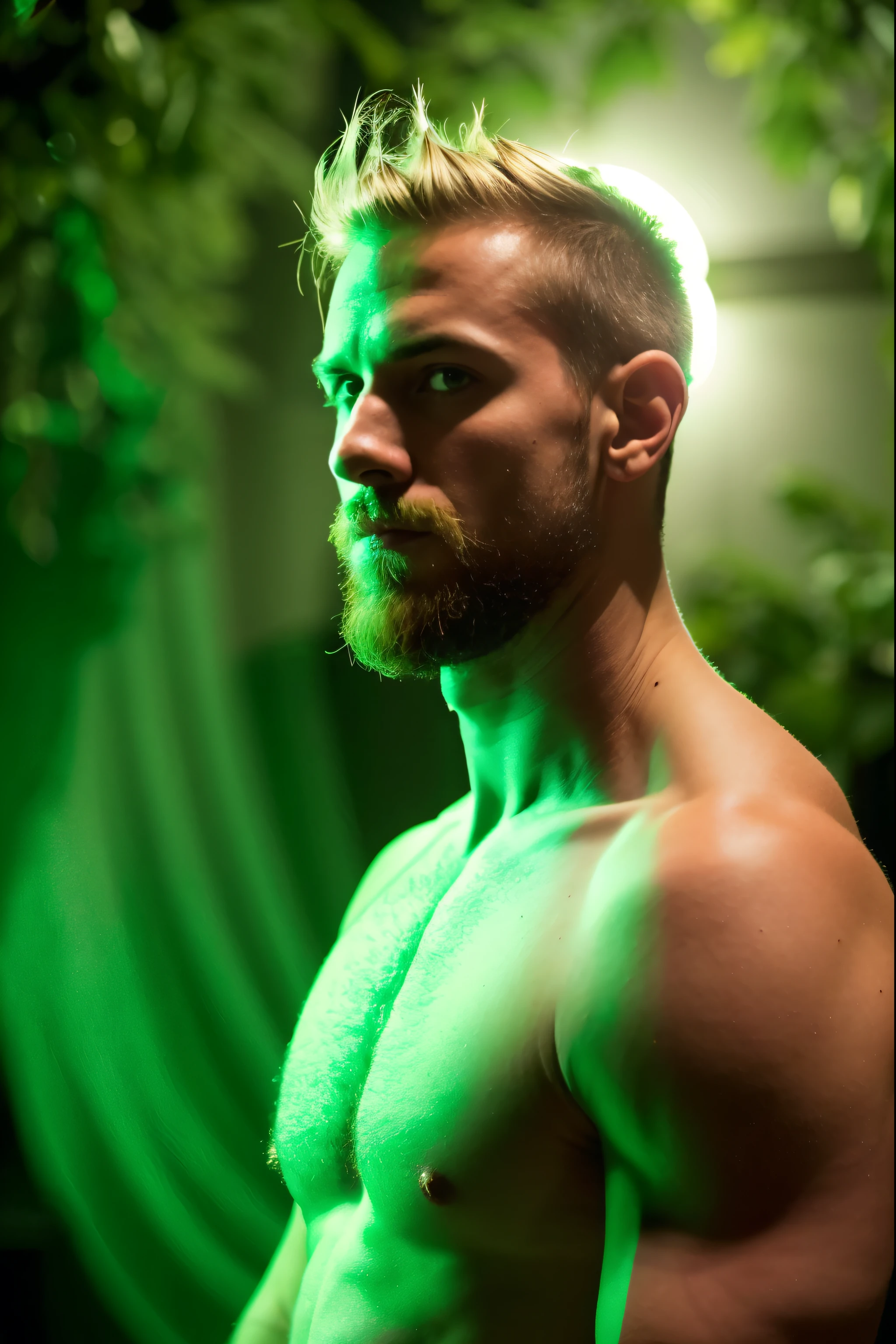 Hombre arafed con barba y un brillo verde en el rostro., hombre tecnoviking sin camisa, Man of dramatic illumination, dramatic green lighting, adam varga, muscular! ciberpunk, green lantern, la linterna verde, Ryan Dening, artem, green lighting, luz ambiental verde, Félix Englund, Green and purple studio lighting, imagen de perfil