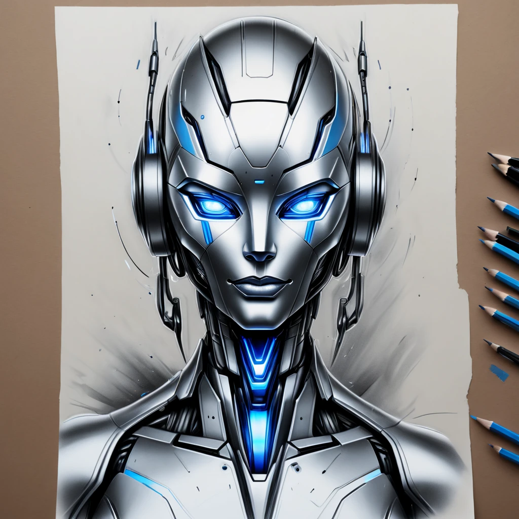 ，(character sketch:1.1)，(charcoal drawing:1.2)，Sketch，(pencil drawing:1.3)，Charcoal painting style，Black -white-blue metal ，character sketch, high resolution, 1womanl, Solo, (Detailed face), kda，bioluminic, Black and white and blue-metal colors galactic cybernetic mask, (abstracted, Make a sketch of a robot with high technology:1.5), Part description, SH4G0D,