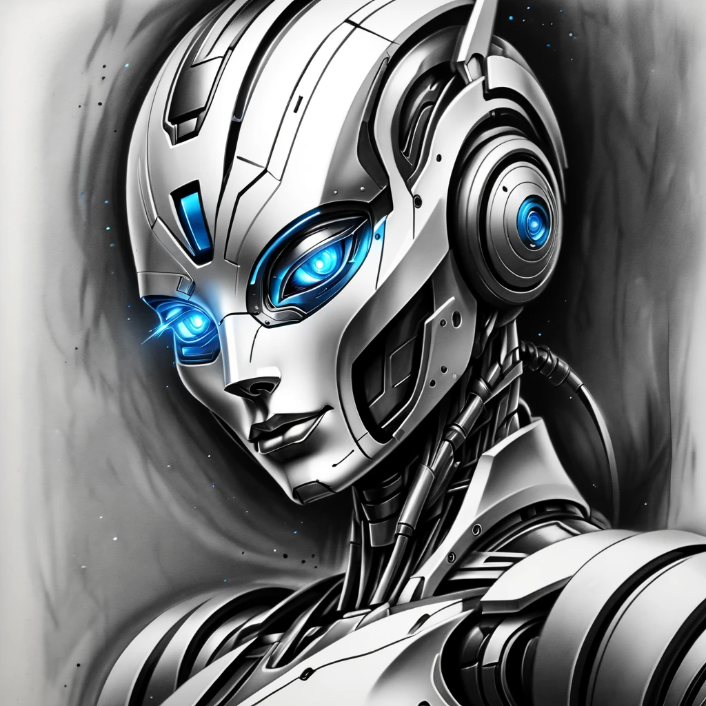 ，(character sketch:1.1)，(charcoal drawing:1.2)，Sketch，(pencil drawing:1.3)，Charcoal painting style，Black -white-blue metal ，character sketch, high resolution, 1womanl, Solo, (Detailed face), kda，bioluminic, Black and white and blue-metal colors galactic cybernetic mask, (abstracted, Make a sketch of a robot with high technology:1.5), Part description, SH4G0D,