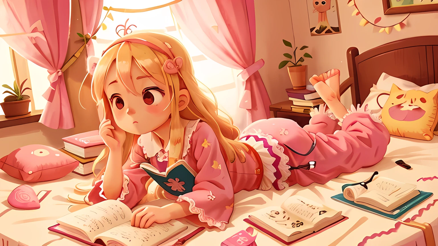 woman wearing pink pajamas,Has long blonde hair,Lying on a bed decorated with lace,Support your elbows,read a book intently。3D animation style