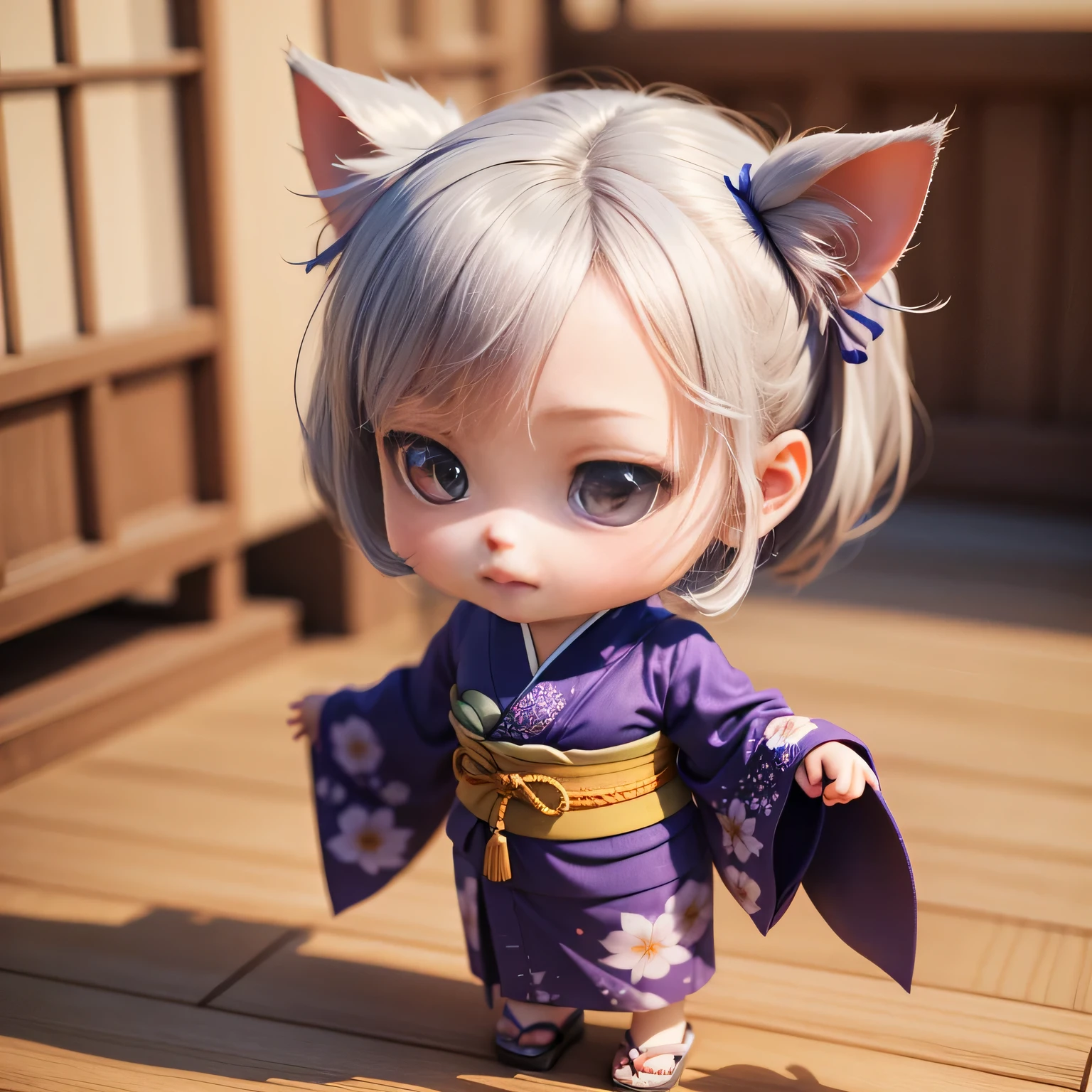 cute baby chibi anime、(((Chibi 3D))) (highest quality), (table top)、Chibi Model、Photo session、Blue and purple kimono、Hyogo、Himeji castle、outside the house、japanese kimono、detailed face、perfect details、Are standing、gray hair、Cat ear