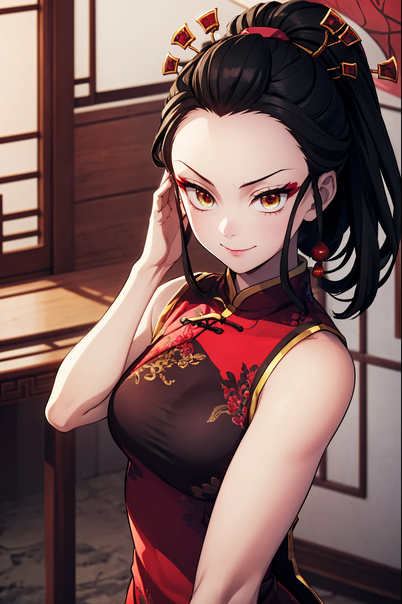 masterpiece,hyper quality, very detailed, perfect picture, CG, 3D, 8k, figure, 
Demon slayer, Fallen Princess, beautiful face girl, one beautiful girl, スリーサイズ B90W60H95, Droopy eyes but cute, A dignified and cute expression, cute smile, black hair, ponytail
(China dress:1.3), (luxurious pattern:1.3)
indoor, Chinese style