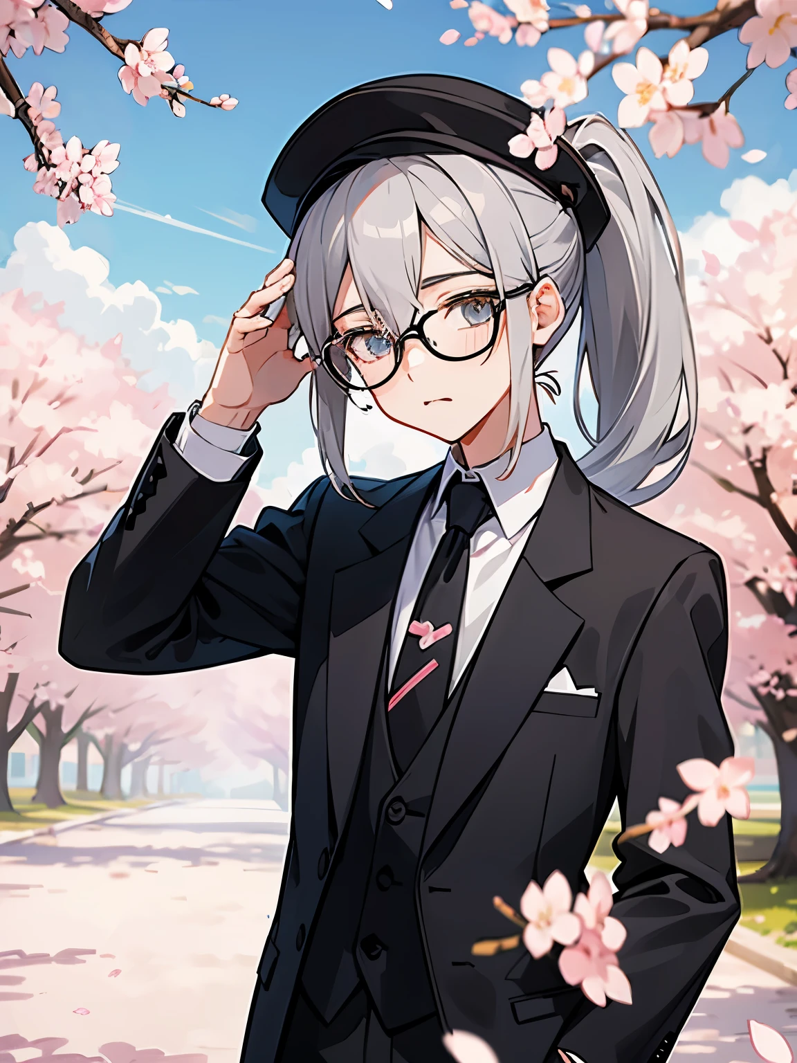 （muste piece）（High definition）teenage male android、alone、gray hair、ponytail、hat、Tuxedo、tie、wearing glasses、tilting your head、mouth closes、background（The weather is sunny but there are clouds、cherry blossoms）