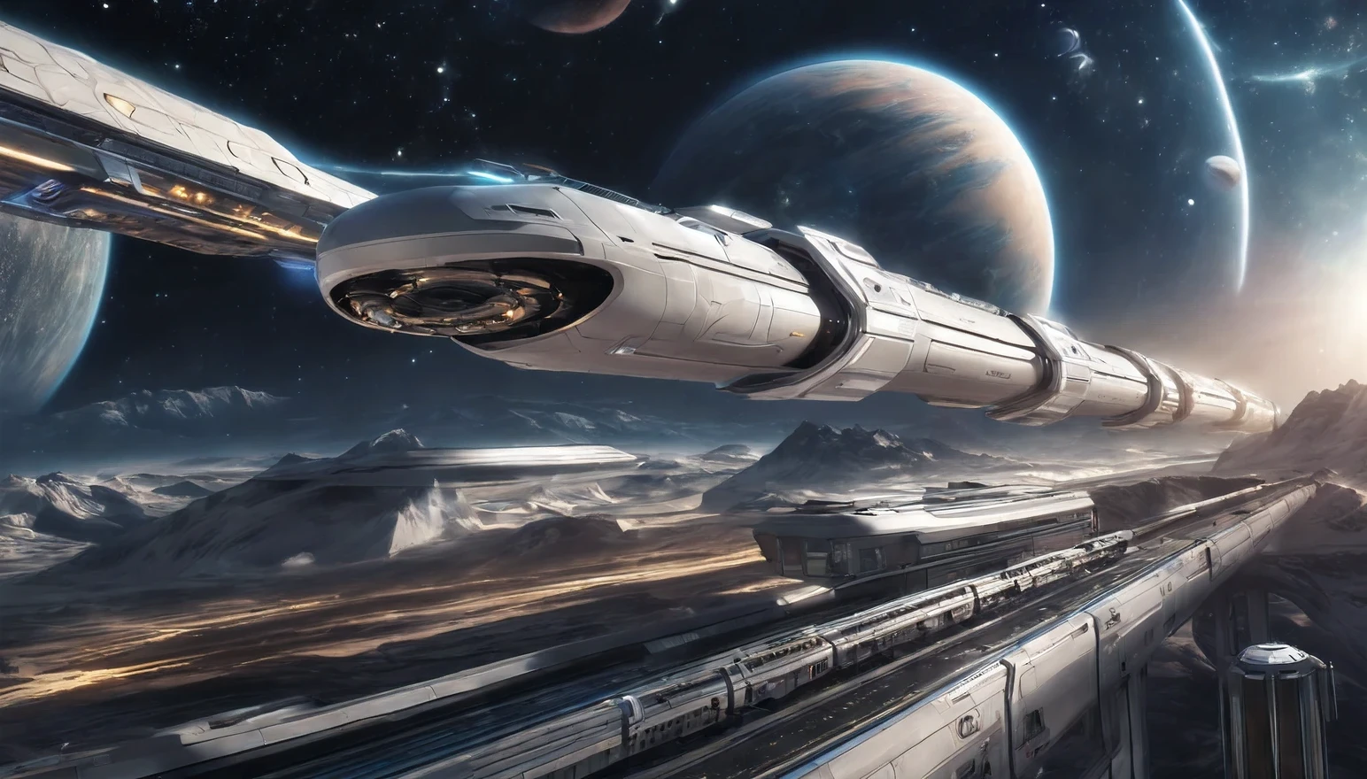 realistic photo, sci-fi, space train station in centre of frame, Space train station flying high in planetary orbit, flying space train, futuristic flying train in space, train station on big space station flying on high of planetary orbit, immersive space background, visible space station in background and distant planet, beautiful atmosphere, a space atmosphere, ultra detailed, photorealistic imagery, imersive space background, 4k, 8k,