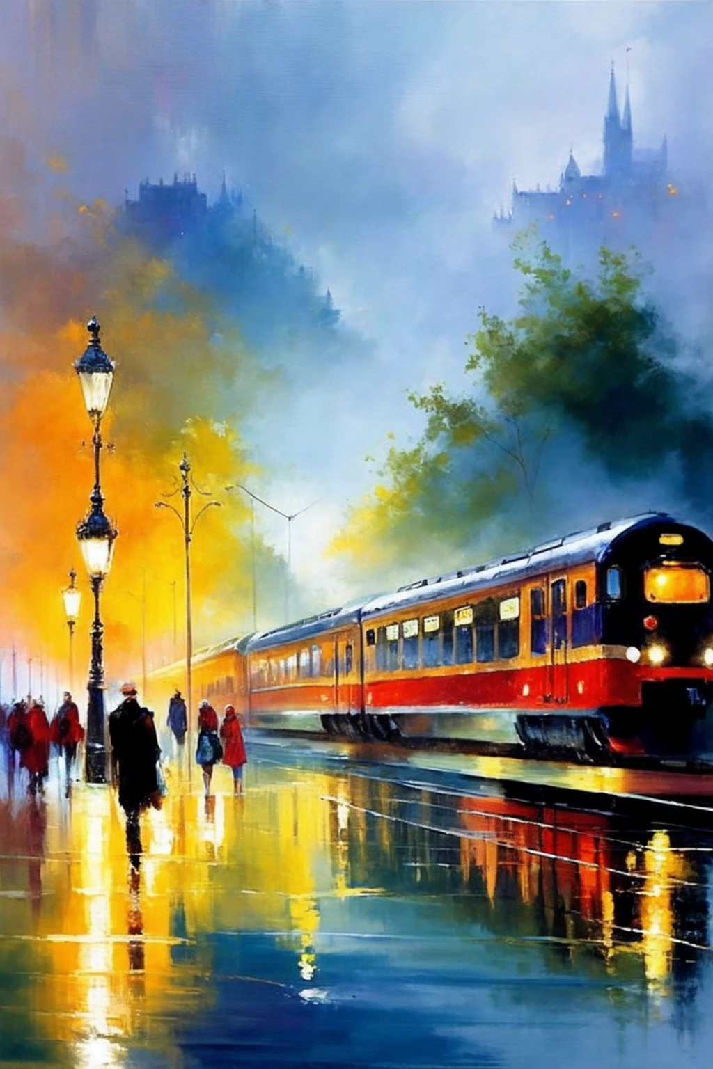 train station, mist, beautiful colours, reflections, by Willem Haenraets