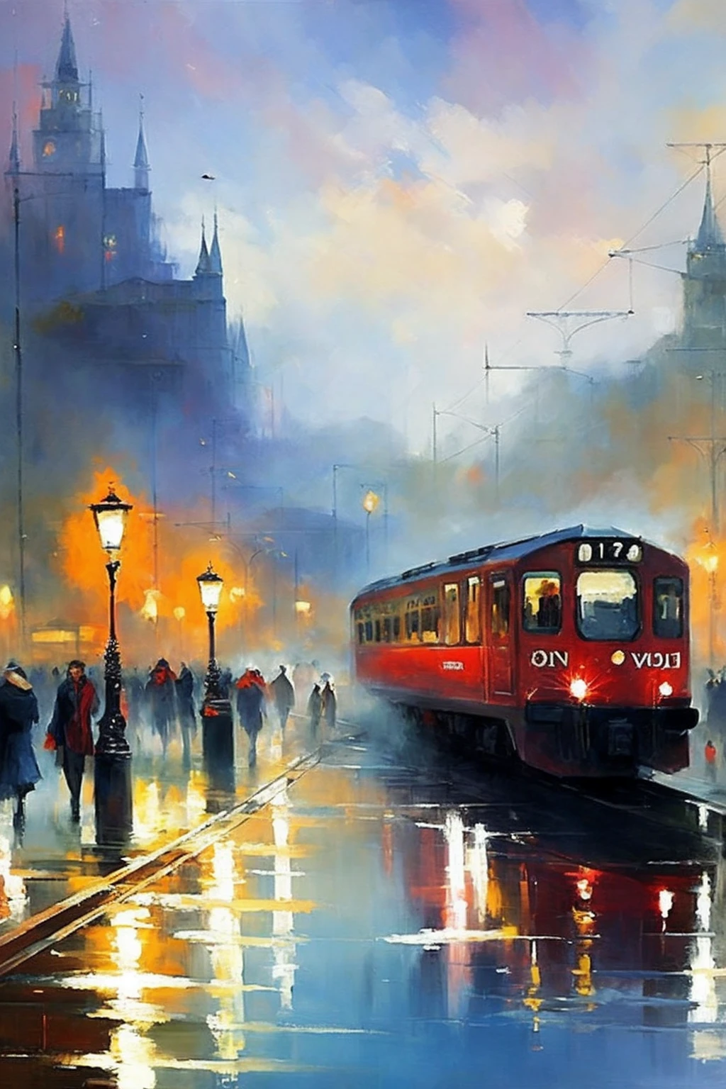 train station, mist, beautiful colours, reflections, by Willem Haenraets