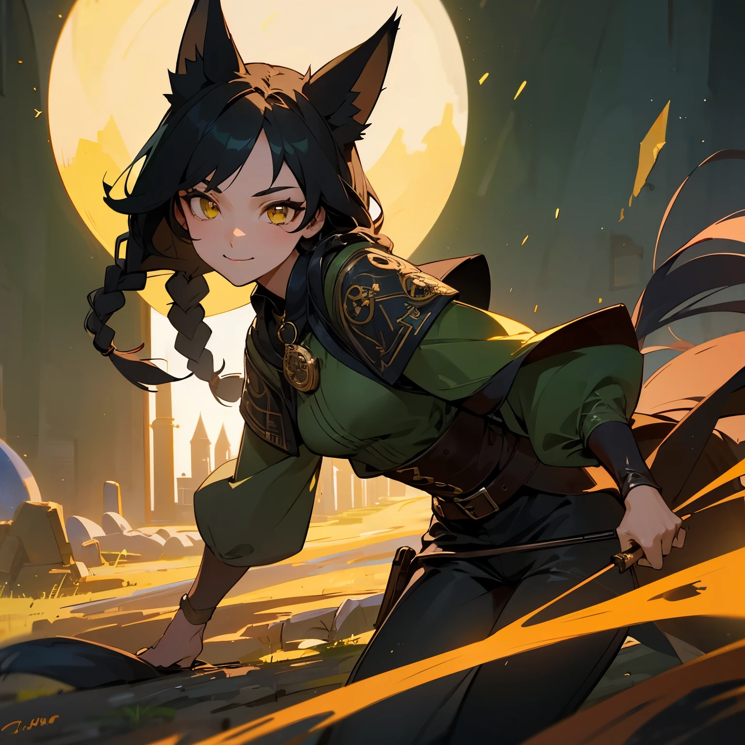 Highest quality, Masterpiece, One Fox Girl, Archaeologist, black hair, Braids , Yellow eyes ,Beautiful eyes, White skin, detailed leather, Black fox ears, 4 black fox tails, medieval European closed clothing green, trousers, shirt, Sly smile, medallion with stone on the neck, Medieval European city, sunset , green tones,sharp focus,  high quality, Correct anatomy , A high resolution