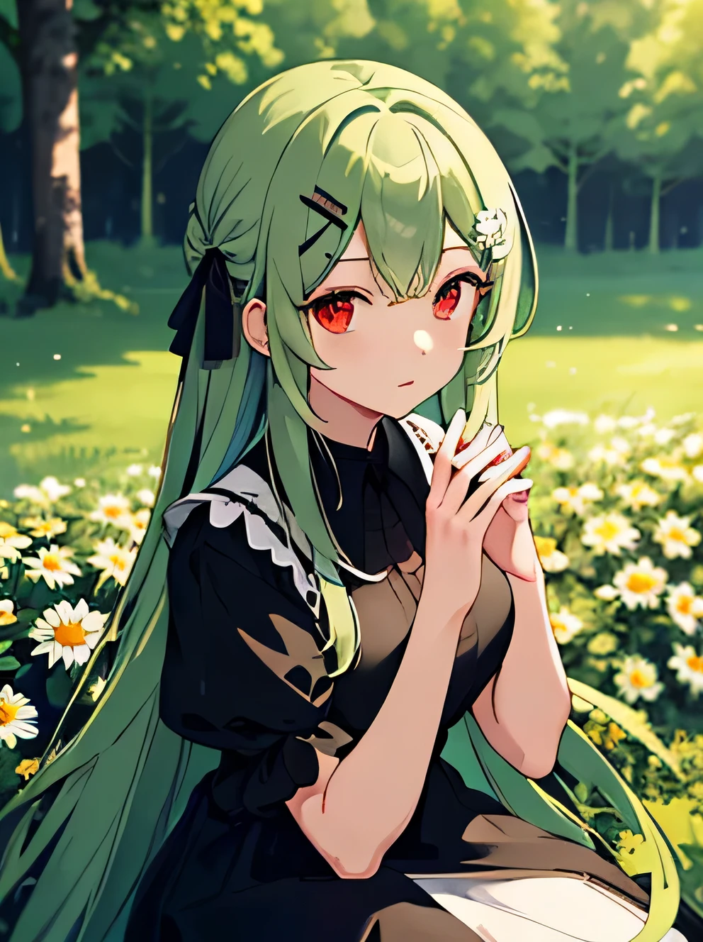 (masterpiece, best quality),1girl with long green hair sitting in a field of green plants and flowers, her hand under,looking to viewer, warm lighting, red eyes, white and black dress, using daisy hairclip, forest foreground, close up, high detailed hands