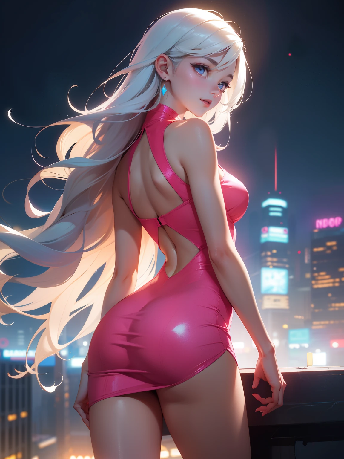 8K, Masterpiece, RAW photo, Best quality, detail:1.2), Photorealistic, Extremely detailed Cg Unity 8K wallpaper, Depth of field, Cinematic light, Lens flare, Ray tracing, (Extremely beautiful face, Beautiful lips, Beautiful eyes), intricate detail face, ((ultra detailed skin)) 1girll, In the dark, deepshadow, Pretty Korean girl, Kpop idol, (Very slim and slender muscular body:1.3), ((view the viewer)), (Big smile), (bodycon minidress), (Pink dress), (Injection sleeve), (City Night, (neon lights sign), (Night), Pretty Korean girl, Earrings, bangle, necklace, Pantyhose, Clear eyes, Walking, (Pale skin), Face forward, (Big eyes), ((upperbody shots)), tightly dress, Silk dress, Turn Back, Back shot, Very slim, slander