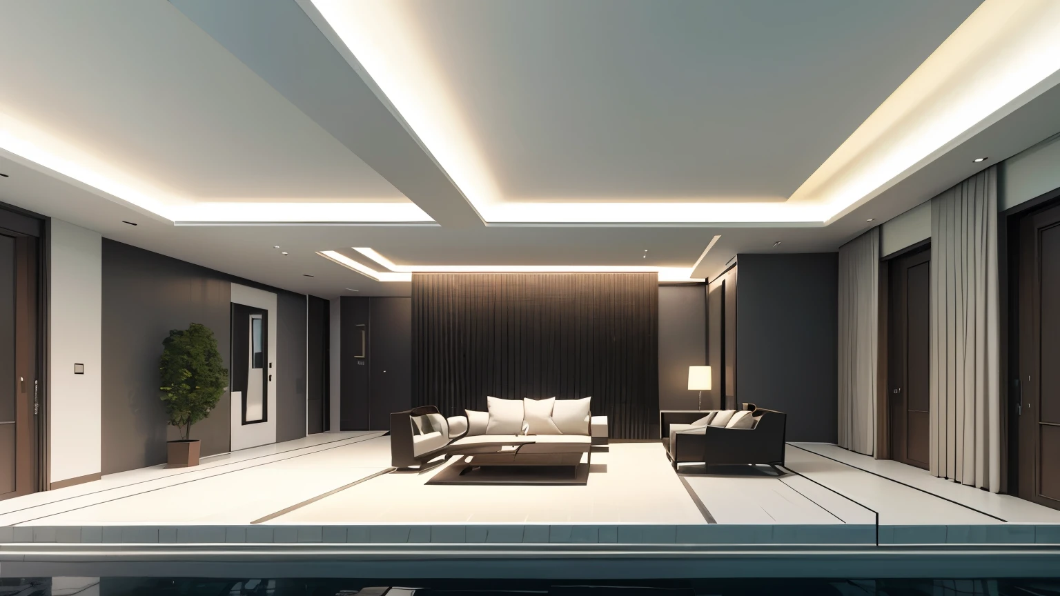 you are a famous interior designer、I was asked to create a 3D image of a large modern room.。. Create a harmonious environment with modern and minimalist furniture. Including garden interior.