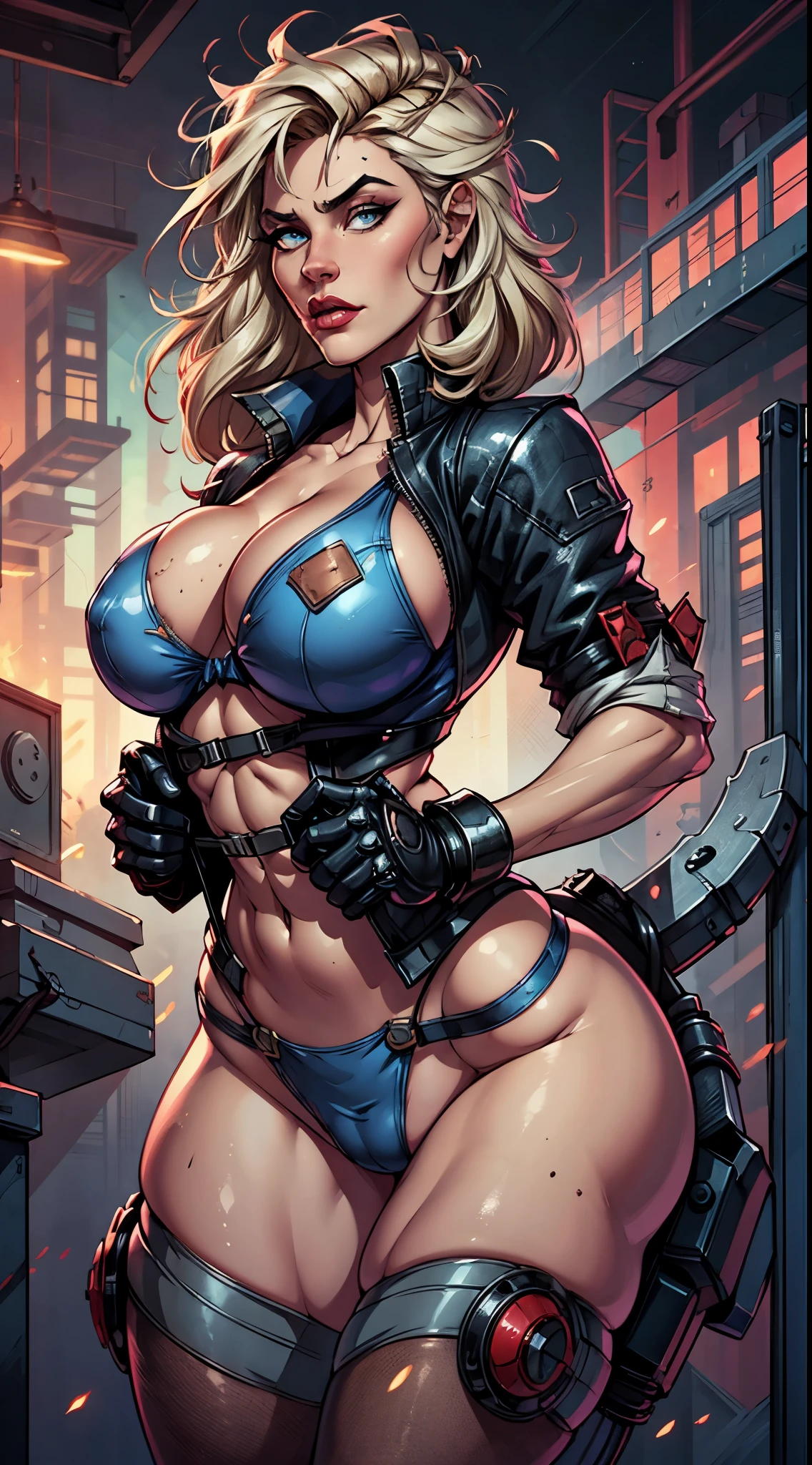 (ultra gigantic large sagging breast:1.8),(((dynamic pose, dynamic camera shot)))marked under the clothes, marked cameltoe,(absurdres, highres, ultra detailed), 1woman, mature female, aged up, wavy long hair, split-color hair, heterochromia, bangs, long sleeves, finely detailed eyes and detailed face, extremely detailed CG unity 8k wallpaper, intricate details, (style-rustmagic:0.8), (medieval cyborg:0.8), portrait, (bloody wounds:0.7), looking at viewer, solo, half shot, detailed background, (steampunk theme:1.1) determined expression, dark couds technomancer, floating lights, color leather vest with gears, techwear, jetpack, workshop in background, machines, gears, steam, industry, technology, furnace, grime, anvil, buttons, levers, automaton, electricity, electric sparks epic atmosphere,, portrait