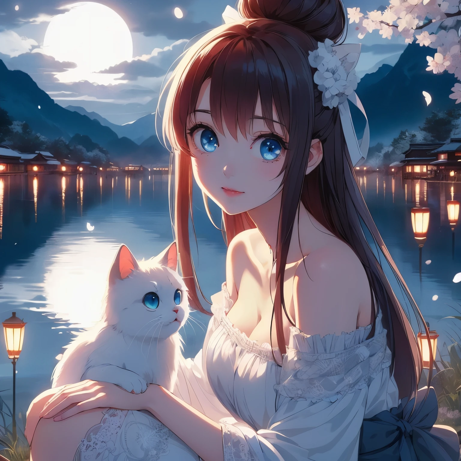 Blue-eyed anime girl hugs a white cat by the lake, very beautiful Anime cats girl, beautiful Anime catsgirl, anime style 4 k, Anime cats, Beautiful anime, cute Anime catsgirl, Beautiful anime girl, cat ears anime girl, cute anime girl, anime style. 8k, anime art wallpaper 4k, Anime Art Wallpaper 4k
