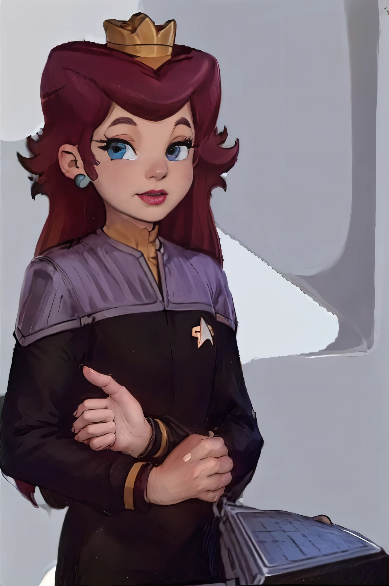 masterpiece, best quality, 1girl, fullbody princesstoadstool, brown hair, long hair, blue eyes, crown, ds9st yellow and black uniform ds9st command ds9st operations ds9st science, earrings, lipstick, , upper body, looking at viewer, sketch, solo, smile, simple background  comm badge