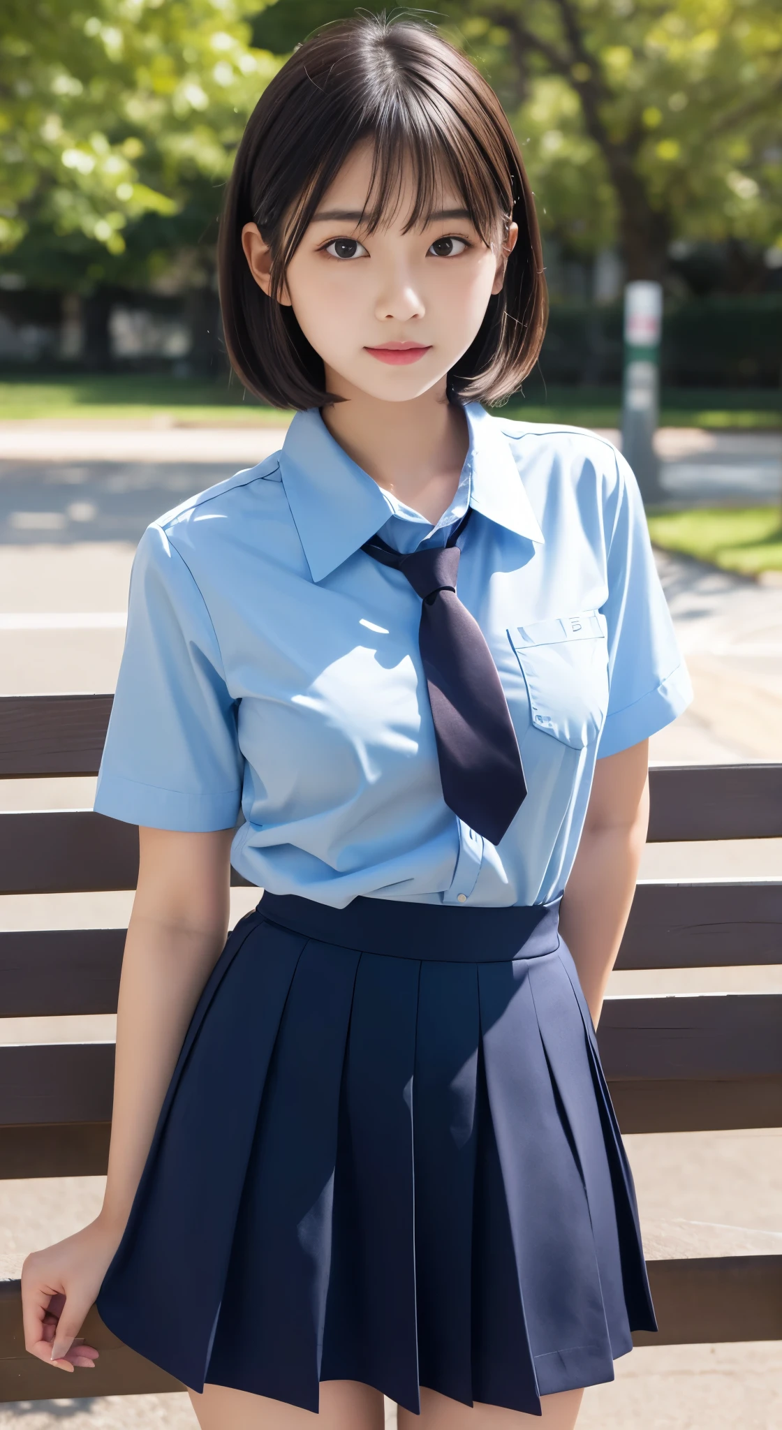 japanese girl,  girl, short hair, black hair, brown eyes, perfect figure, Transparency, chest, school uniform, navy blue tie, navy blue skirt, light blue shirt, Idol,park bench