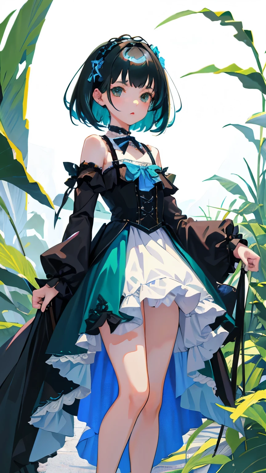 (short cute girl, young studeg delicate girl),(masterpiece,Top quality),blue green lolita outfit,shorts,black hair