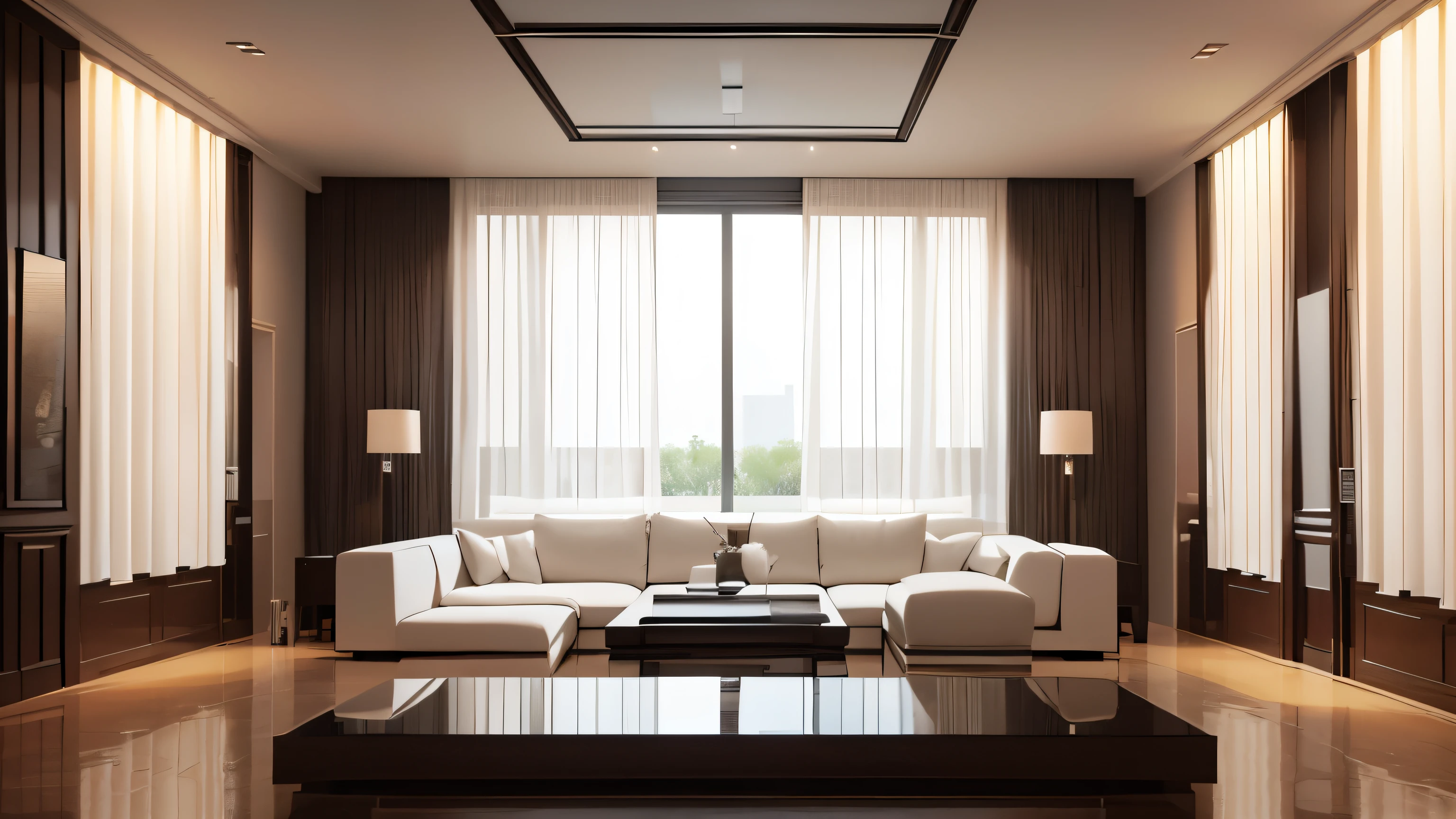 you are a famous interior designer、I was asked to create a 3D image of a large modern room.。. Create a harmonious environment with modern and minimalist furniture. Including garden interior.