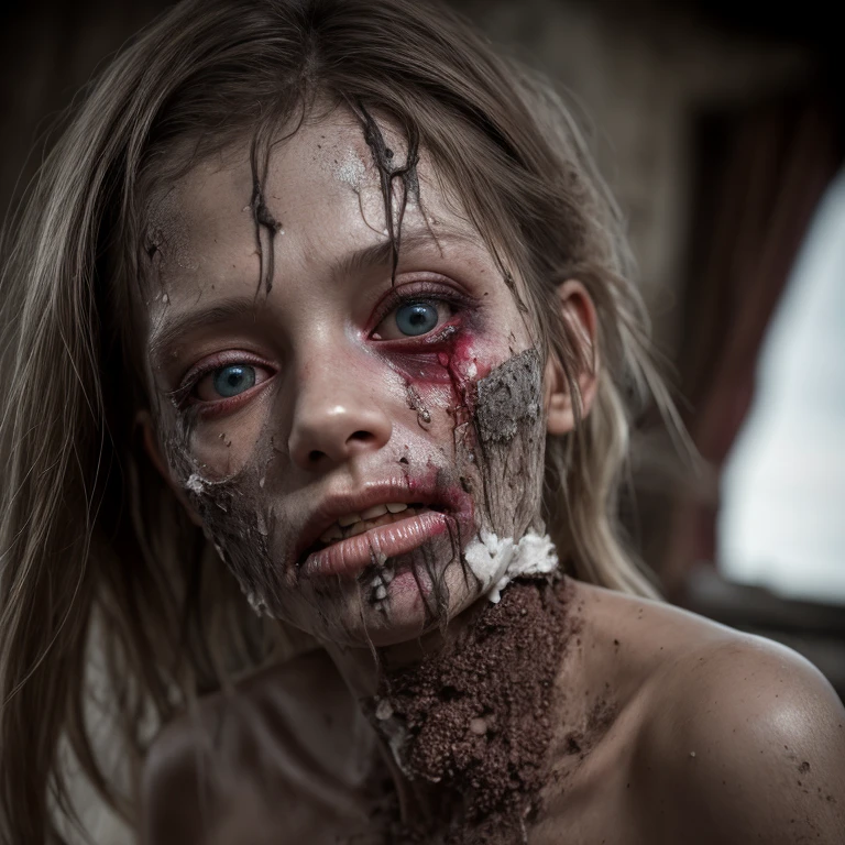 zombie, Tattered ruined clothes, rotten skin on the face, Dirty muddy hair, Highly detailed dry rot exfoliation, Malnourished women, Blind, Wide Angle, detailed environment, Detailed background, Highly detailed, Convoluted, Detailed skin, Natural colors, professionally color graded, Photorealism, 8K, Moody lighting, art by:george four