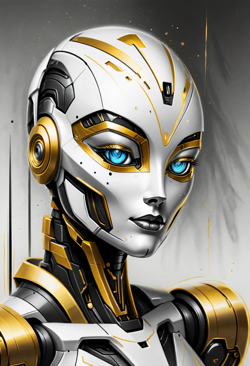 ，(character sketch:1.1)，(charcoal drawing:1.2)，Sketch，(pencil drawing:1.3)，Charcoal painting style，Black -white-gold ，character sketch, high resolution, 1womanl, Solo, (Detailed face), kda，bioluminic, Black and white and gold colors galactic cybernetic mask, (abstracted, Make a sketch of a robot with high technology:1.5), Part description, SH4G0D,