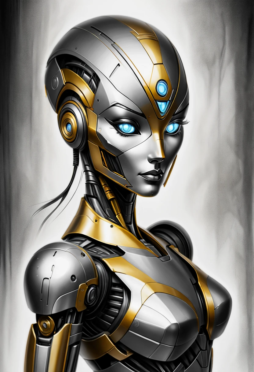 ，(character sketch:1.1)，(charcoal drawing:1.2)，Sketch，(pencil drawing:1.3)，Charcoal painting style，Black -white-gold ，character sketch, high resolution, 1womanl, Solo, (Detailed face), kda，bioluminic, Black and white and gold colors galactic cybernetic mask, (abstracted, Make a sketch of a robot with high technology:1.5), Part description, SH4G0D,