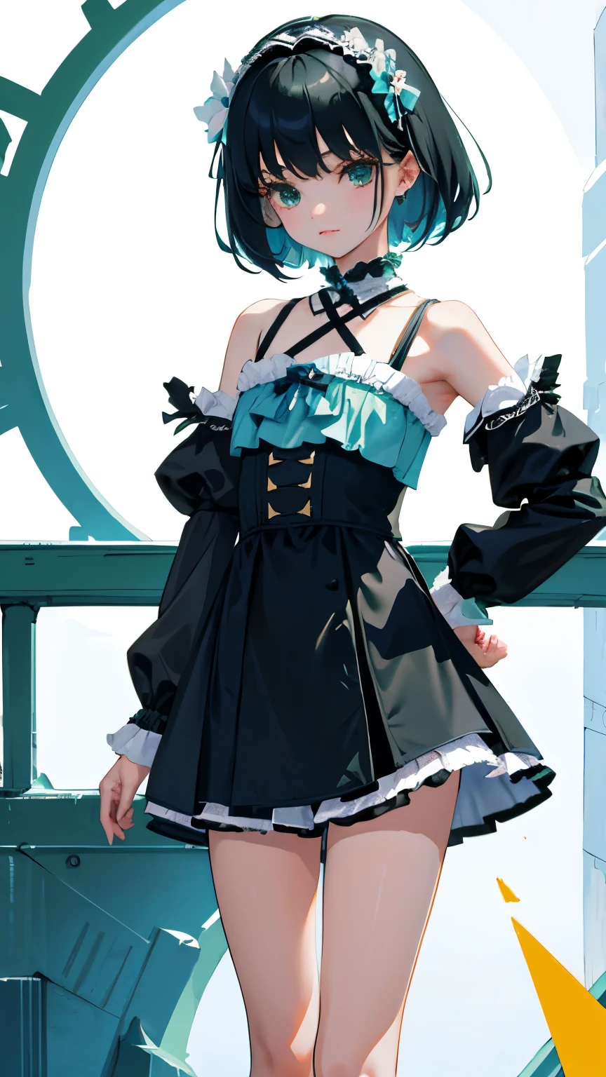 (short cute girl，small young student，young delicate girl）,（masterpiece，Top quality)，blue green lolita outfit，shorts，black hair