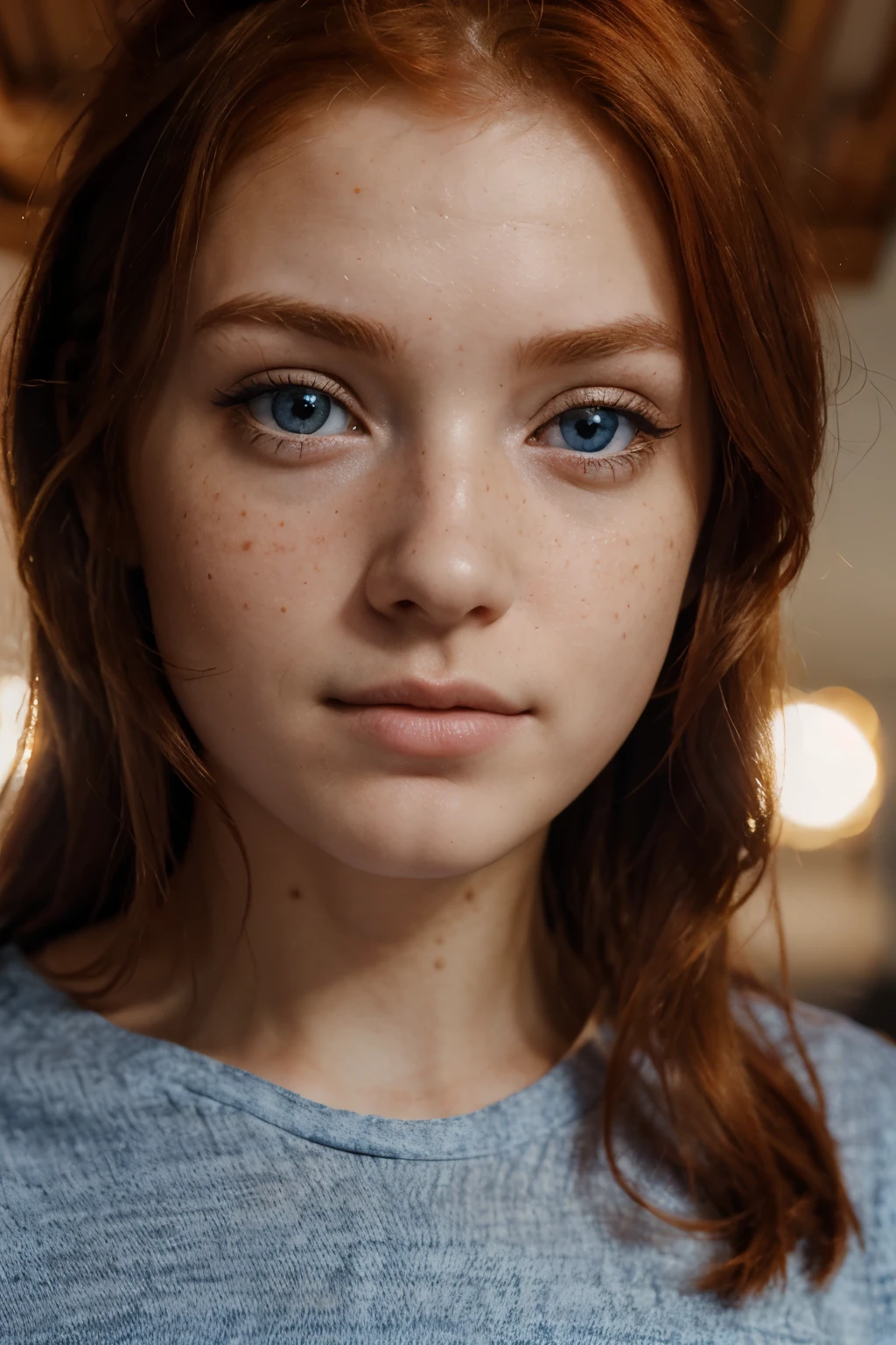 Close-up photo of a cute 20 year old pretty redhead girl's face, redhead, (you look shy:1.3), freckles, Super Detailed Face, detailed skin, looks straight into the camera, In a shirt, Big round blue eyes, black eyeliner, sensual lips