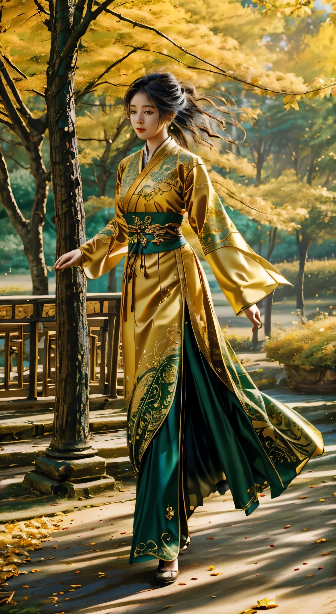 A beautiful girl walking in elegance, wearing beautiful emboidery hanfu in green and golden colors, a beautiful autumn park in the background, wind blows her hair, realistic picture, ultra realistic photography, high quality, intricated detailed, uhd res