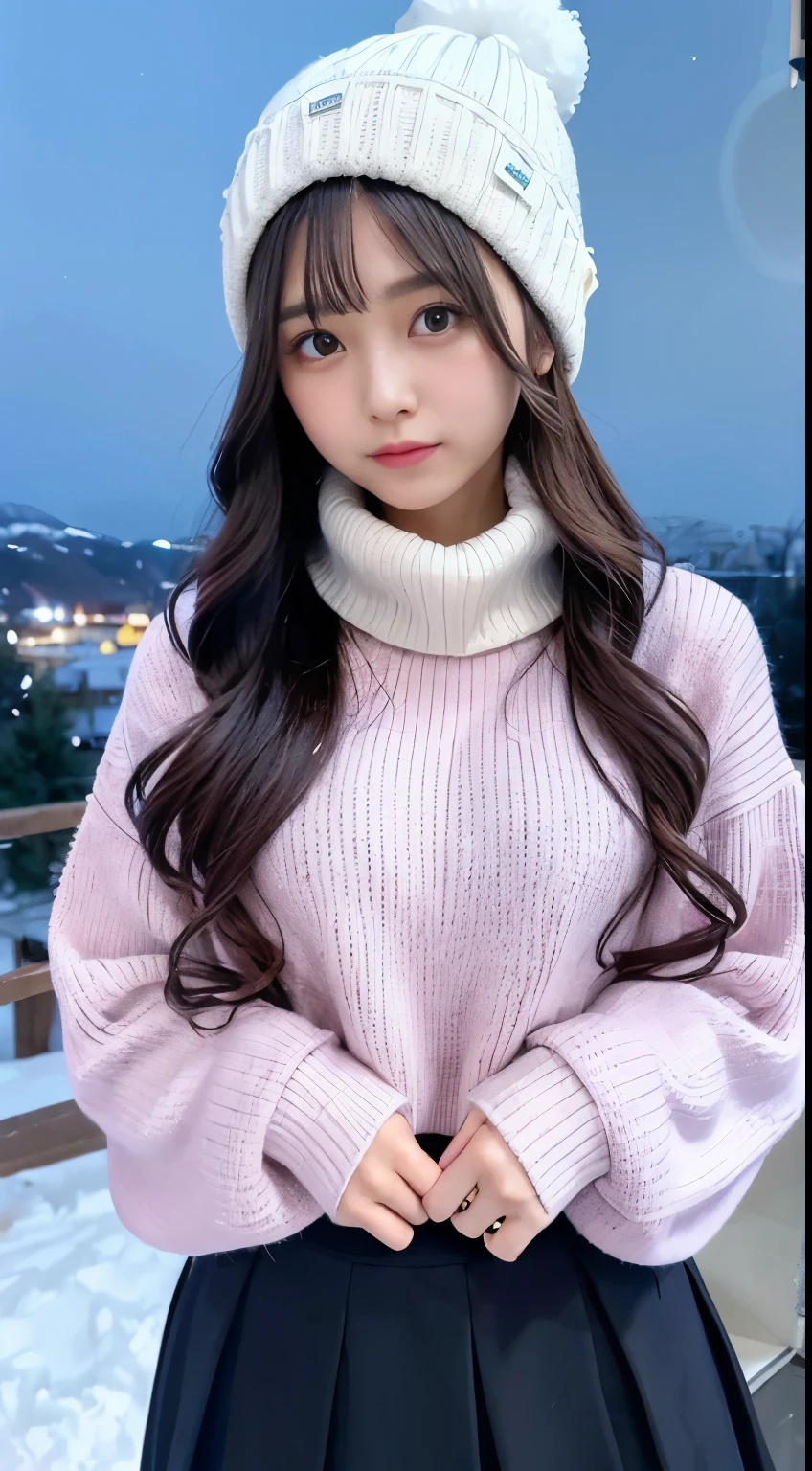 The beauty of winter spreads,outdoors,garden,Night sky ADDCOMM ADDCOL ADDCOL Blue moon ADDROW Snow ADDCOL It's snowing ADDCOL It's snowing ADDROW Pink primrose flower ADDCOL 1girl,long hair,black hair,flowing bangs:1.3,green eyes,mole under left eye:1.3,black eyes,medium breasts,pink heart hair accessories,Winter clothes,sweater,beanie hat,long sleeve,scarf,turtleneck,sleeves go over wrists,ribbed sweater
ADDCOL
ADDROW pink primula flowers
ADDCOL 1girl,pleated skirt ADDCOL
(masterpiece:1.2), (highest quality:1.2)