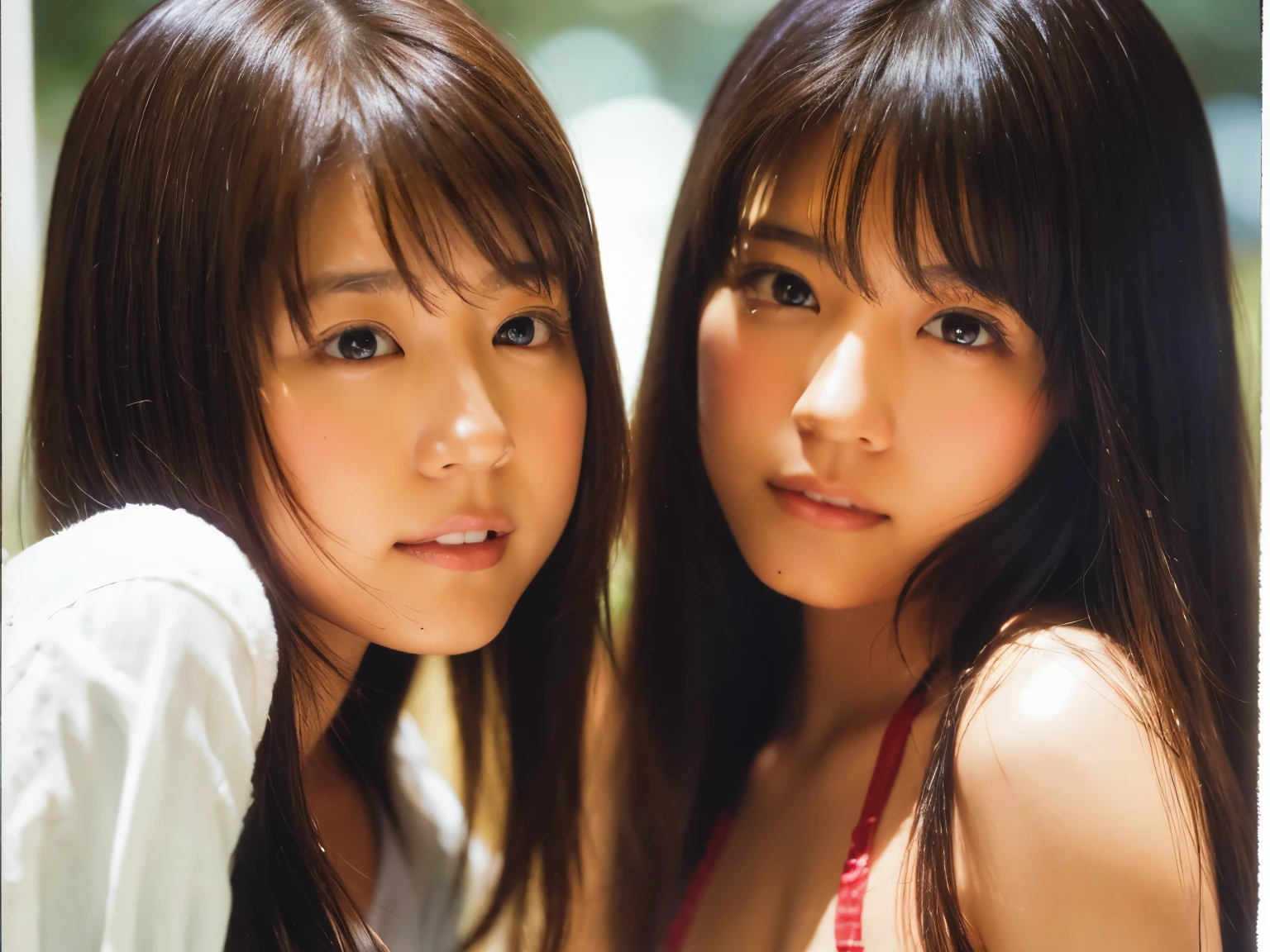 Close-up portrait of cute female identical twin sisters bathing in japanese hot spring,look at each other&#39;chest of，face to face，one of the people put his hand on the other&#39;chest of， already, (Backlight), actual, masterpiece, highest quality, Lens flare, Shadow, bloom, [[color difference]], author：Jeremy Lipkin, Written by Antonio J.. Manzanedo, number,