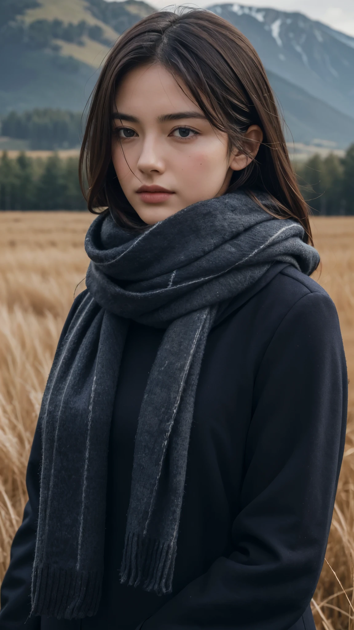8k, highest quality, masterpiece, realistic, Super detailed, photo realistic, Improvement of quality,
Photo of a girl standing in a field with a scarf, In a dark and brooding designer style, voluminous mass, photo bash, calm face, jagged edges, navy, beauty of nature, close up shot