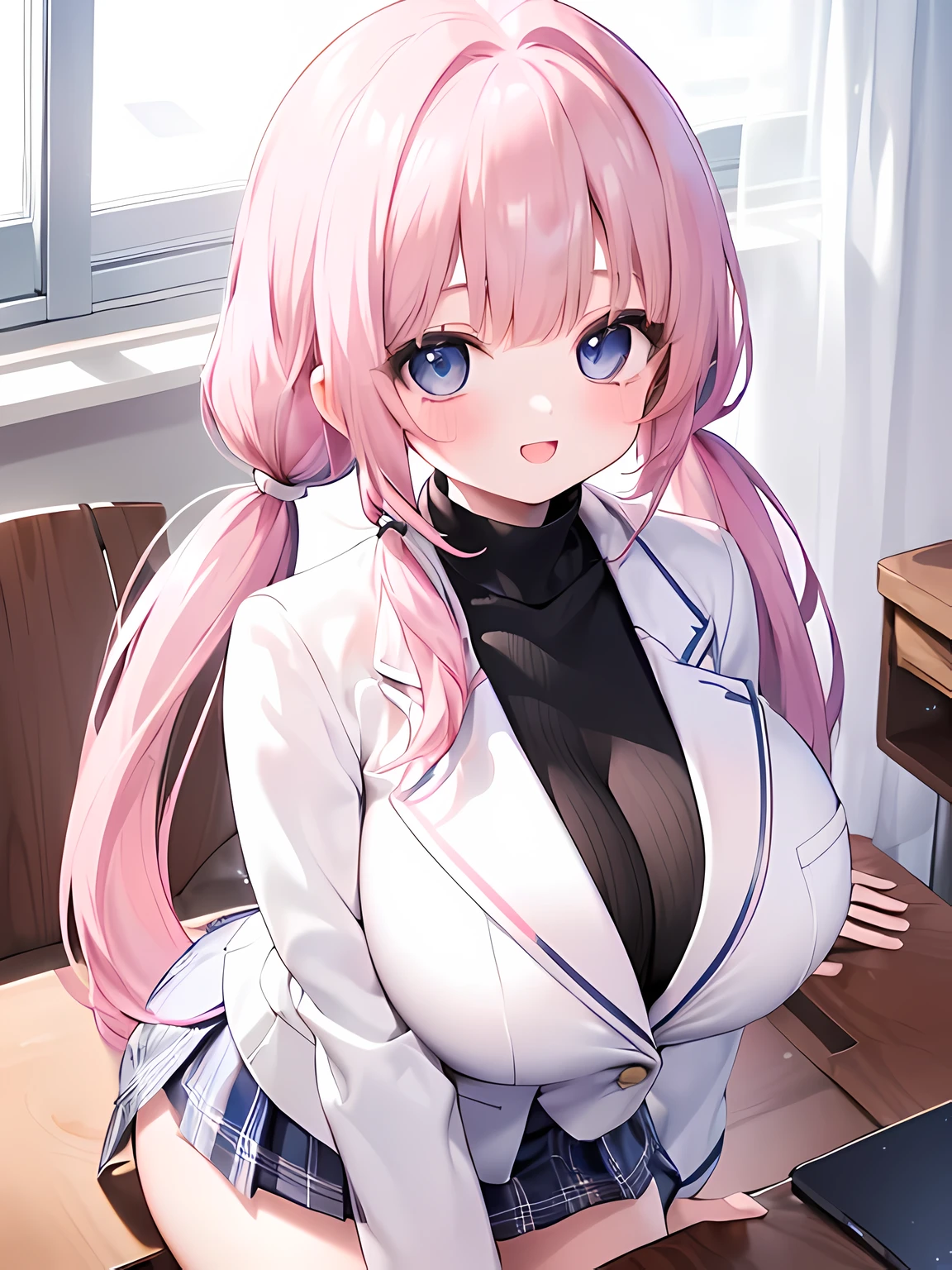 masterpiece,highest quality,(Super detailed),written boundary depth,perfect sentence, Detailed CG,Super detailed,(highly detailed eyes,very cute face,highly detailed face:1.3),beautiful anime girl,(solo girl:1.9),(super huge breasts:1.6),(pink hair,low twin tails:1.5),(light blue eyes:1.3),(smile full of joy:1.3),open your mouth,show viewer,break,(university uniform,white blazer,Black turtleneck shirt:1.5),chest pocket,Blue Tartan Plaid Pleated Skirt,micro mini skirt,white knee socks,classroom,curtains swaying in the wind,break,cowboy shot,sit at desk,put both hands on your chest