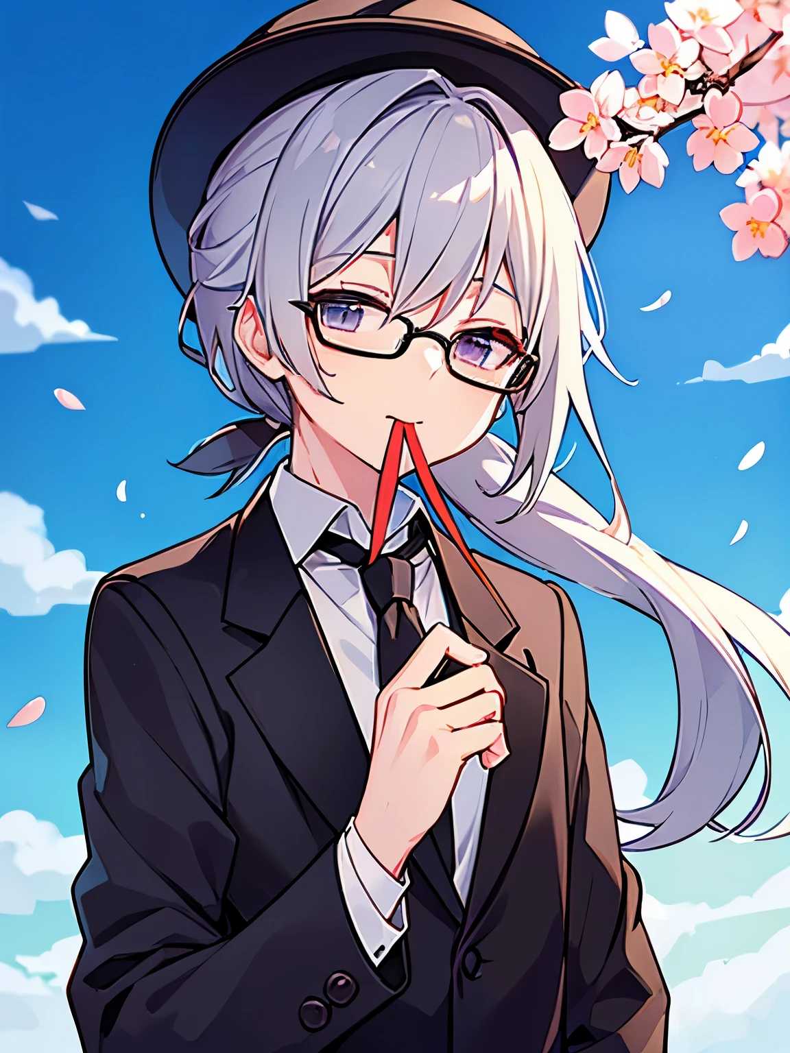(muste piece)(High definition)20s male android、alone、gray hair、ponytail、hat、Tuxedo、tie、wearing glasses、tilting your head、mouth closes、background(The weather is sunny but there are clouds、cherry blossoms)