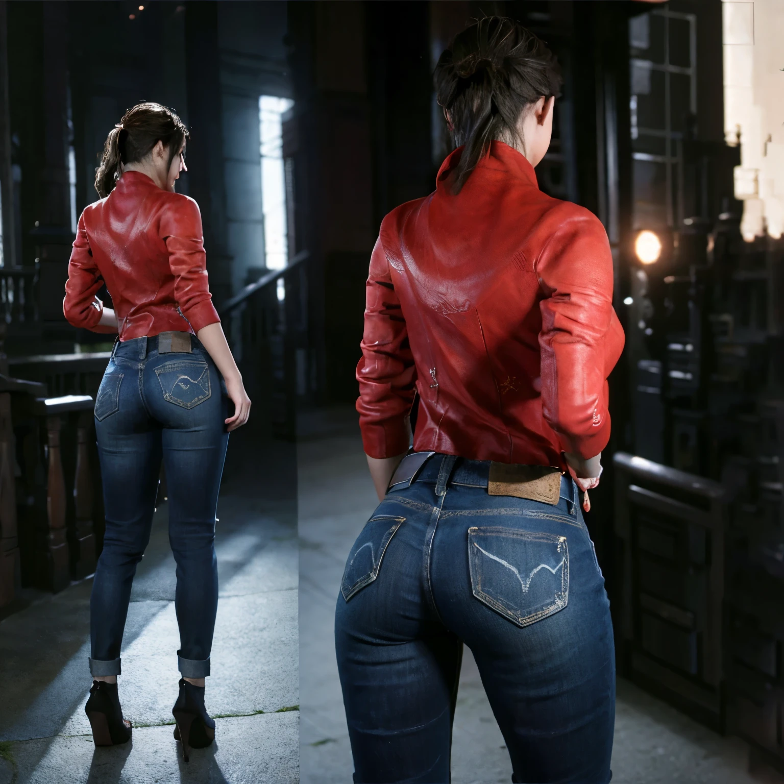 Claire Redfield, walking, wear jeans, back, open the leg， ass