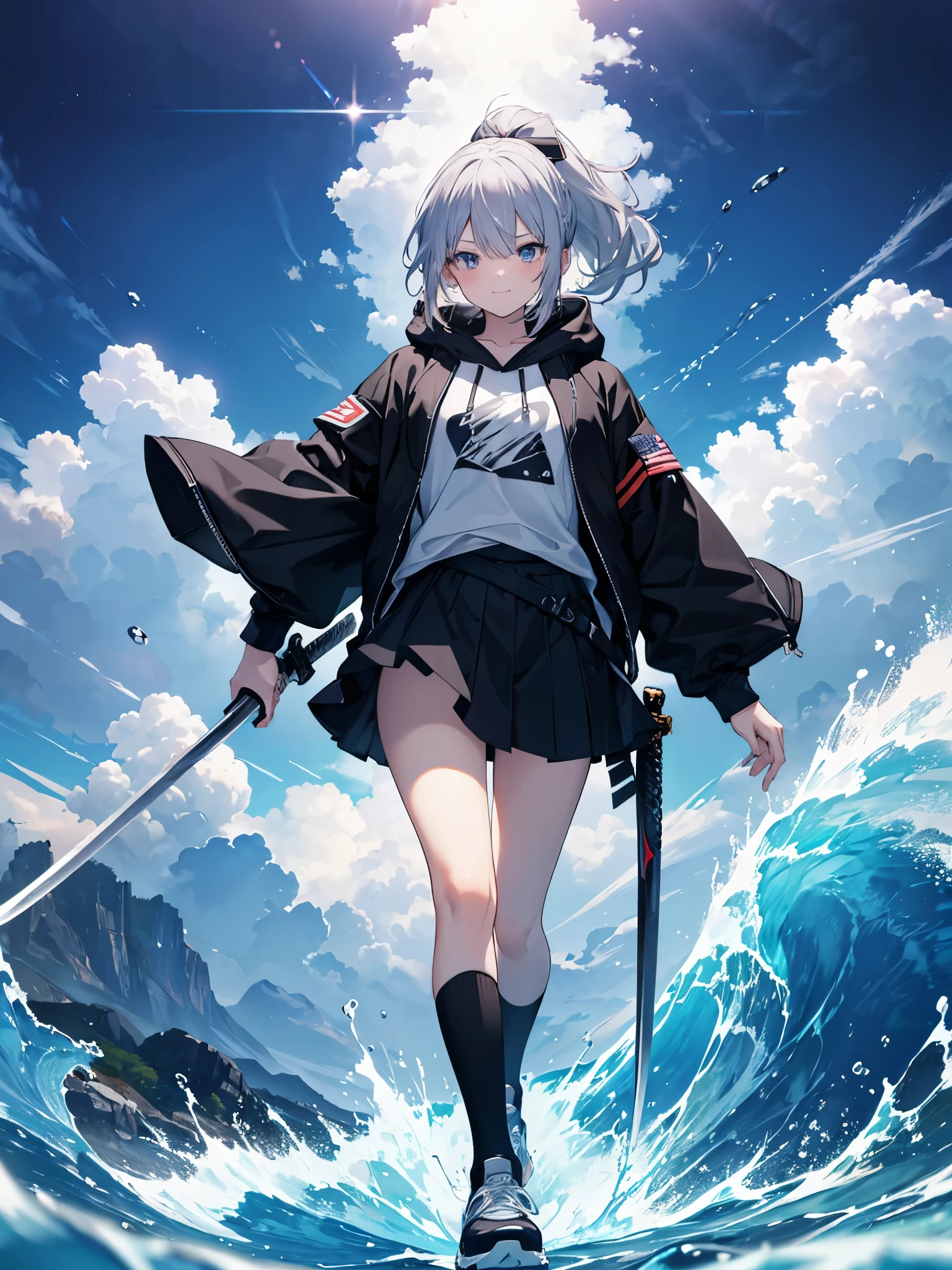 1people girl,gray hair,have,Two dimensions,cute,hoodie,Are standing,ponytail,black skirt,smile,piece,wink,No background,feet_Equipment,In combat,right hand_I have a long sword,cool,walking,sword on waist,walking forward,evening,black sneakers,Socks 1:1 black,feetに装備,high resolution,4K,Jacket,ski mask,hood,left hand_拳銃have,light blue_eye,splash of water,lowering the sword,My hair is slick,from the front,short socks,background gundam