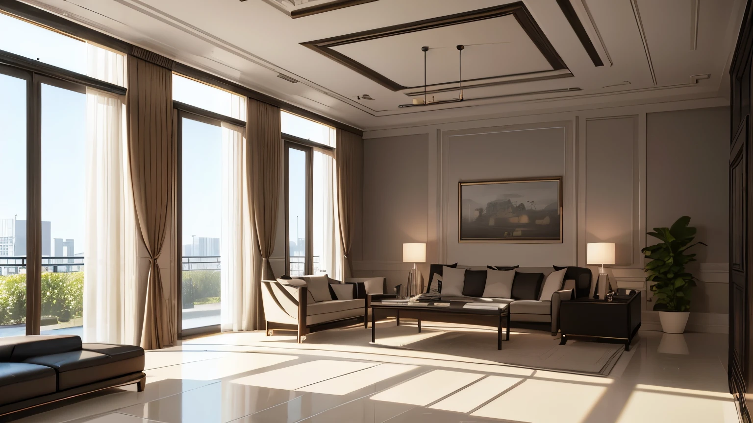 you are a famous interior designer、I was asked to create a 3D image of a large modern room.。. Create a harmonious environment with modern and minimalist furniture. Including garden interior.