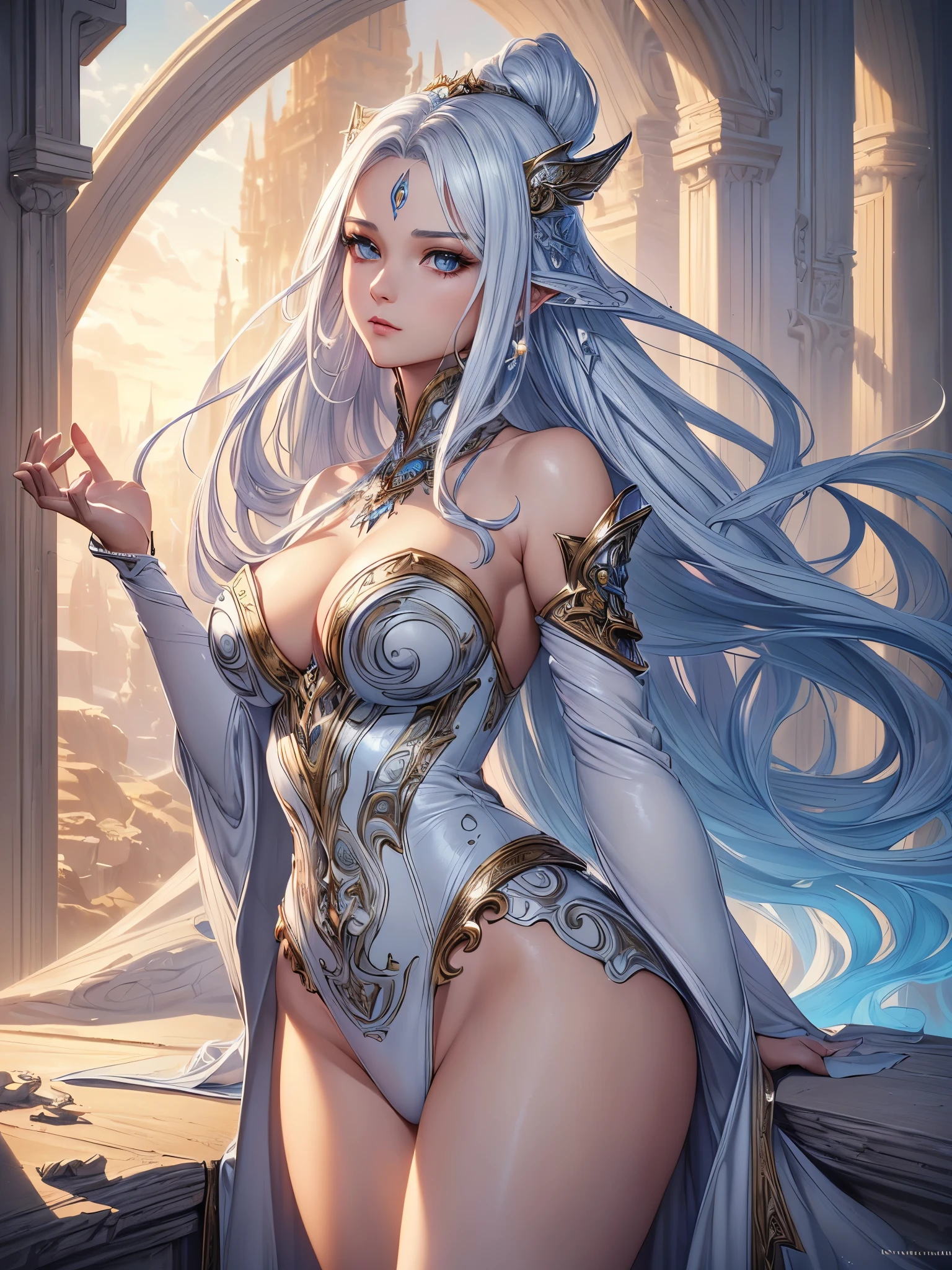 ((highest quality)),(ultra high resolution),(Super detailed),(detailed description),((best CG)),(best work of art),super precision art,amazing drawing art,(Fantasy art with precise details:1.5),(1 female wizard 1.7),(beautiful and well-shaped face:1.5),(White Witch Clothing:1.6,)
