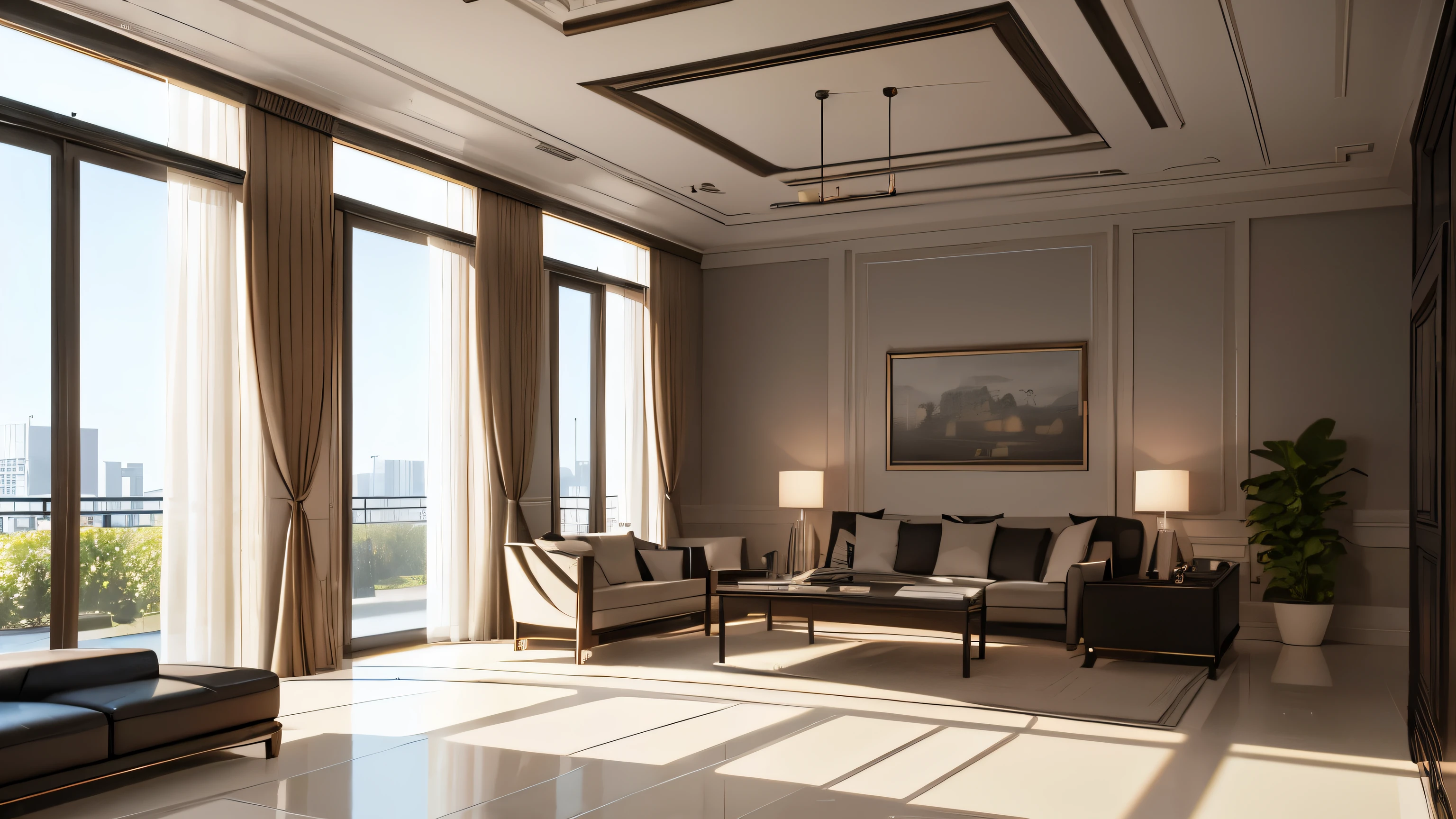 you are a famous interior designer、I was asked to create a 3D image of a large modern room.。. Create a harmonious environment with modern and minimalist furniture. Including garden interior.