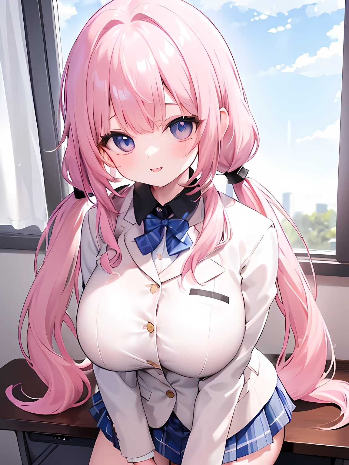 masterpiece,highest quality,(Super detailed),written boundary depth,perfect sentence, Detailed CG,Super detailed,(highly detailed eyes,very cute face,highly detailed face:1.3),beautiful anime girl,(solo girl:1.9),(super huge breasts:1.6),(pink hair,low twin tails:1.5),(light blue eyes:1.3),(smile full of joy:1.3),open your mouth,show viewer,break,(university uniform,white blazer,black shirt:1.5),blue ribbon tie,chest pocket,Blue Tartan Plaid Pleated Skirt,micro mini skirt,white knee socks,classroom,curtains swaying in the wind,break,cowboy shot,sit at desk,put both hands on your chest