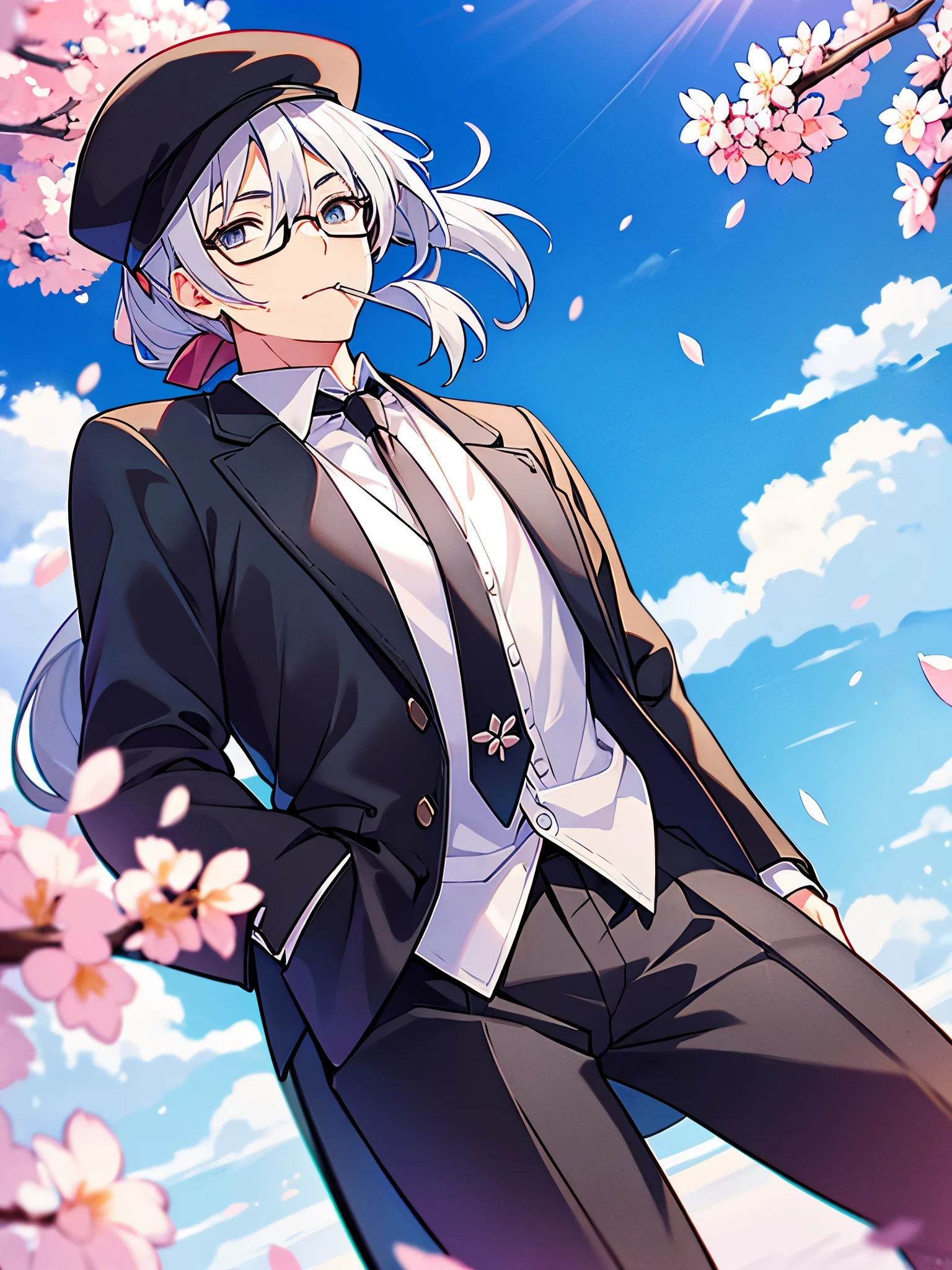 (muste piece)(High definition)20s male android、alone、gray hair、ponytail、hat、Tuxedo、tie、wearing glasses、tilting your head、mouth closes、background(The weather is sunny but there are clouds、cherry blossoms)