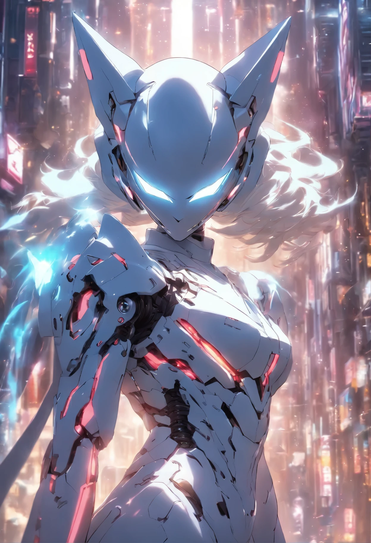full body shot, hyper realistic, white celestial catwoman mecha bot, wearing minimalist angular mecha gundam mask, wearing cybernetic techwear cloak, with gigantic mechanical Additional Booster wings, sleek design, dark fantasy, futuristic environment, heroic pose, --niji 5