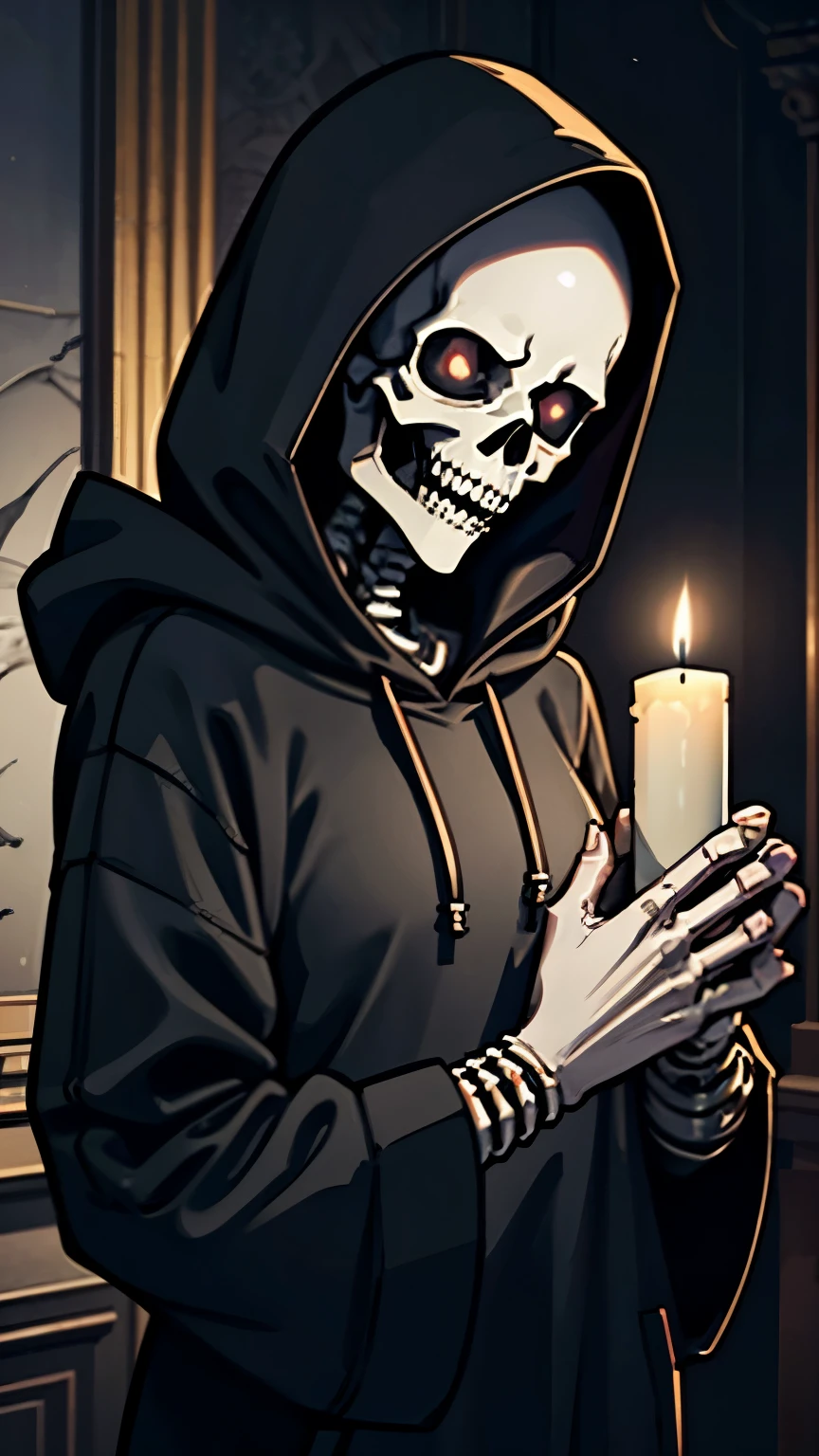 skeleton wearing black hoodie, top, holding silver candle with luminous candles, dark room, horror,Very details CG, module, 8K wallpapers, top quality, high precision, beautiful lighting, realistic shade, high precision, detailed skin, very detailed