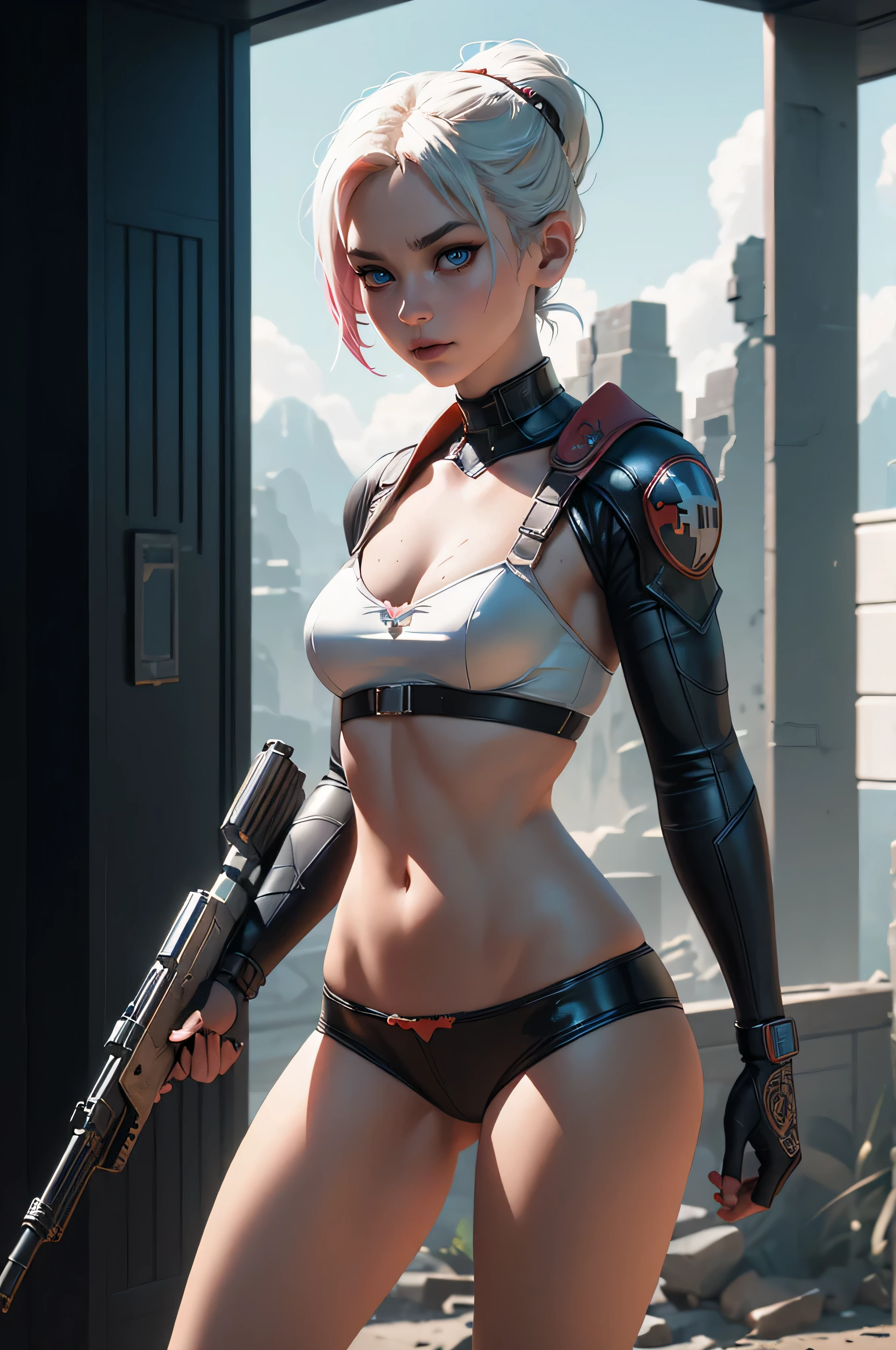 Soft porcelain skin, beautiful Harley Quinn holding a shotgun shotgun 64k highly detailed digital art, 64k high quality detailed art, 3d render character art 64k, detailed digital 2d fantasy art, detailed fantasy digital art, 64k detailed digital art, hyper realistic textures, natural textures, elegant, super detailed, photo realistic, ultra realistic, intricate details, Cinematic, ambient occlusion, volumetric lighting, shot on Sony A7S III, f/ 9. 0, 1/ 500, sharp focus 64k unsaturated, masterpiece, best quality, ultra detailed., dark fantasy, conceptual art, illustration, cinemat Sony A7S III, shallow depth of field , 100mm f/2.4, natural light, cinematic , widescreen aspect ratio, Cinematic Dramatic, inside epic place, epic background, film noir, Sci-fi film style, natural textures, hyper-maximalist, sharp focus, dynamic pose. 64k highly detailed.