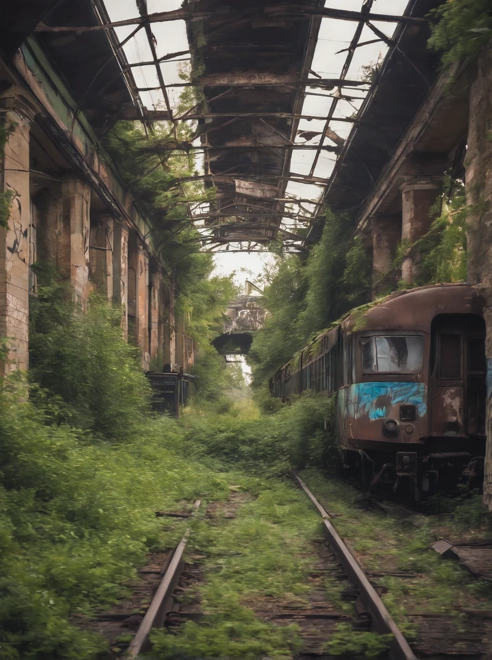realistic photo, abandoned old train station, shot from platform, dilapidated walls, graffiti, broken windows, dirt and dust, trash, railroad rails overgrown with bushes and barely visible,  imersive environment and lighting, 8k, large depth of field, film grain, subdued colors